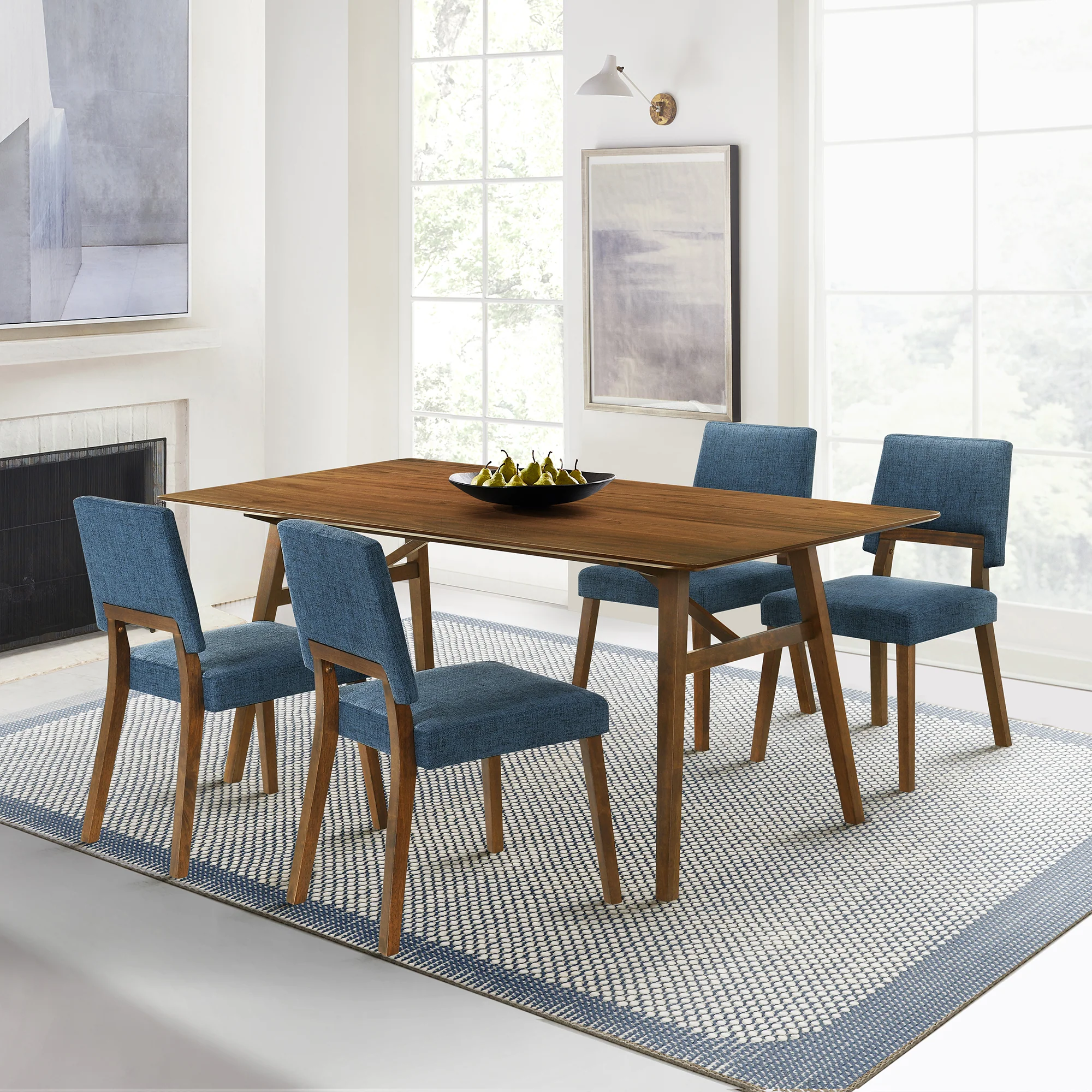 Channell 5 Piece Walnut Wood Dining Table Set with Blue Fabric By Armen Living