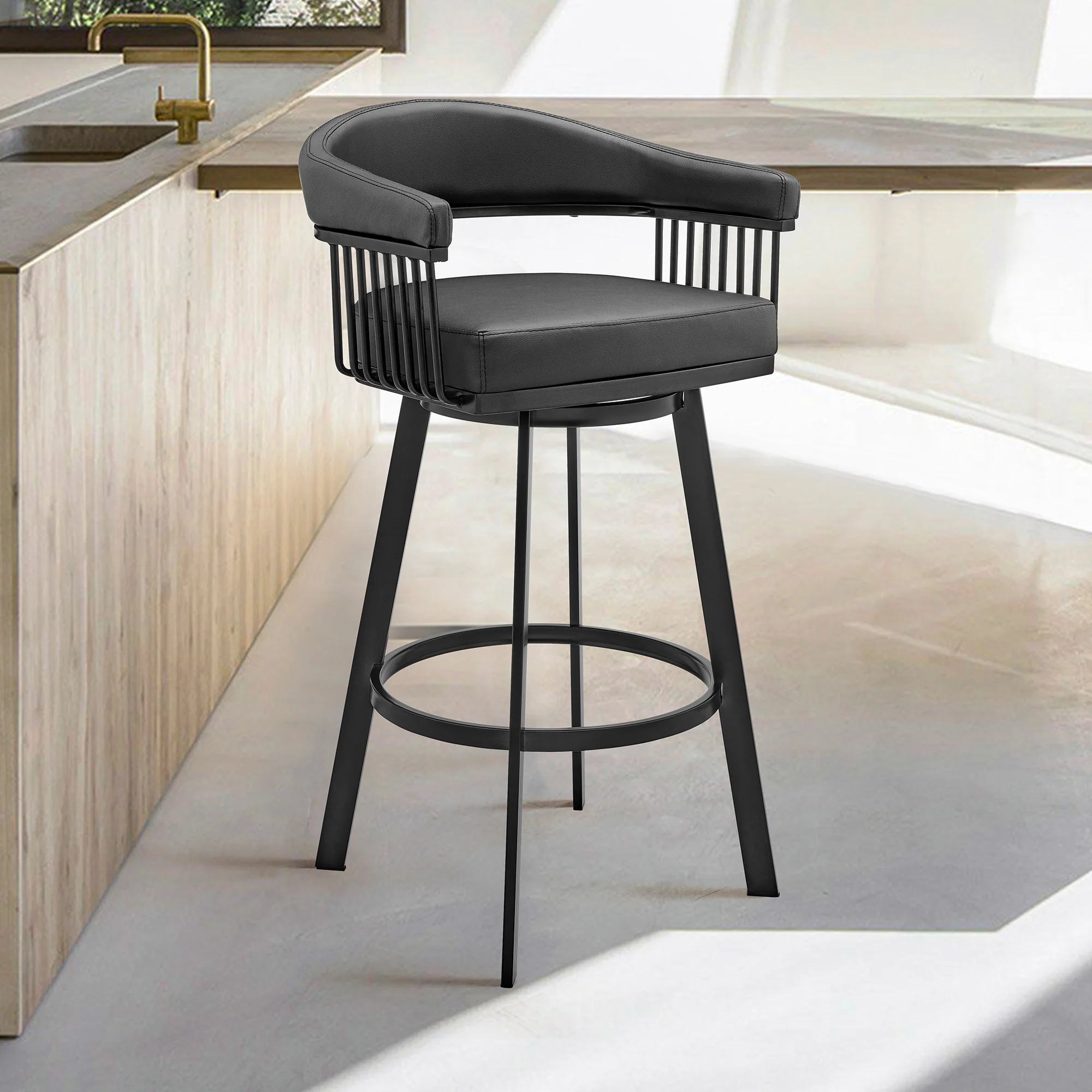 Chelsea 30" Bar Height Swivel Bar Stool in Black Finish and Black Faux Leather By Armen Living