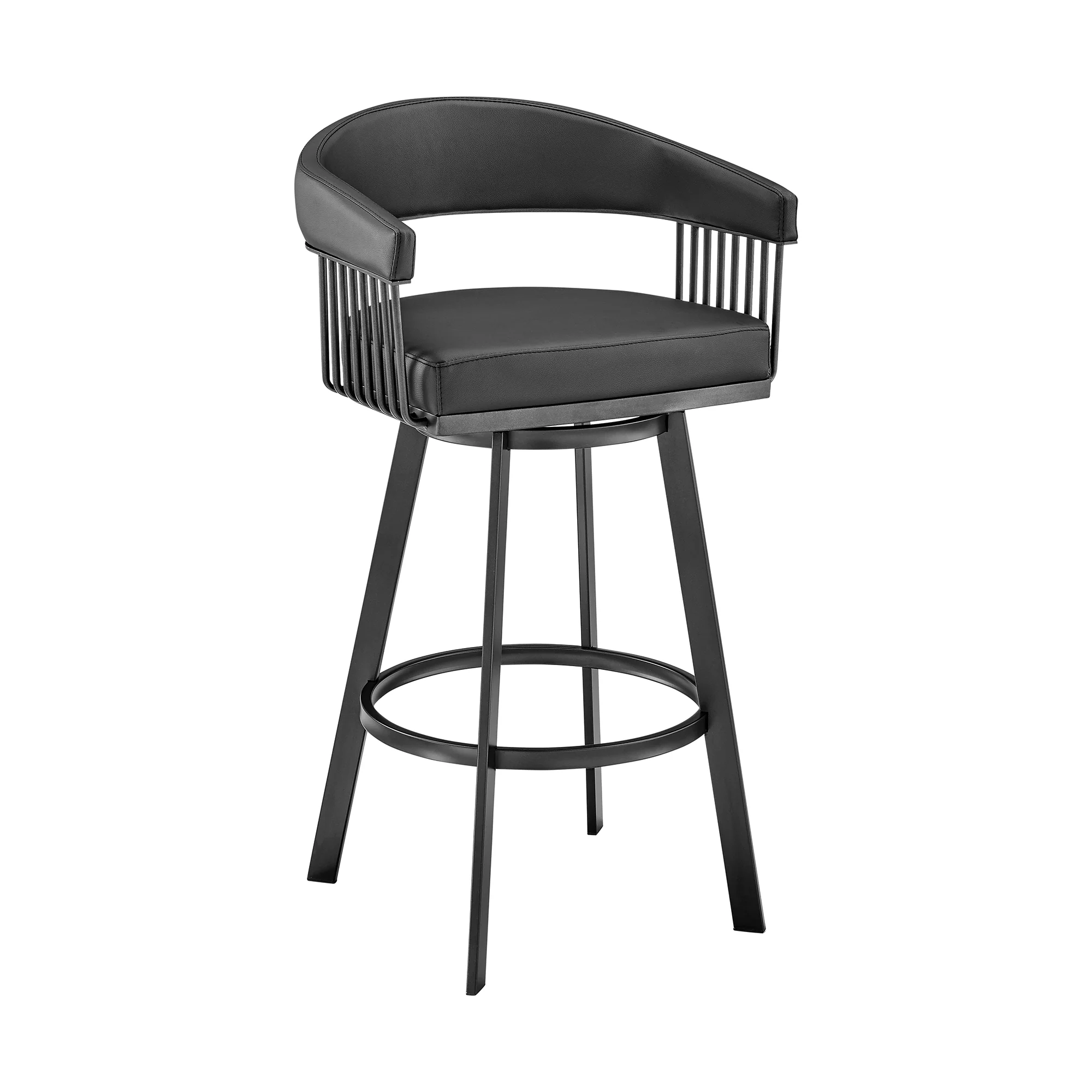 Chelsea 30" Bar Height Swivel Bar Stool in Black Finish and Black Faux Leather By Armen Living - Image 2