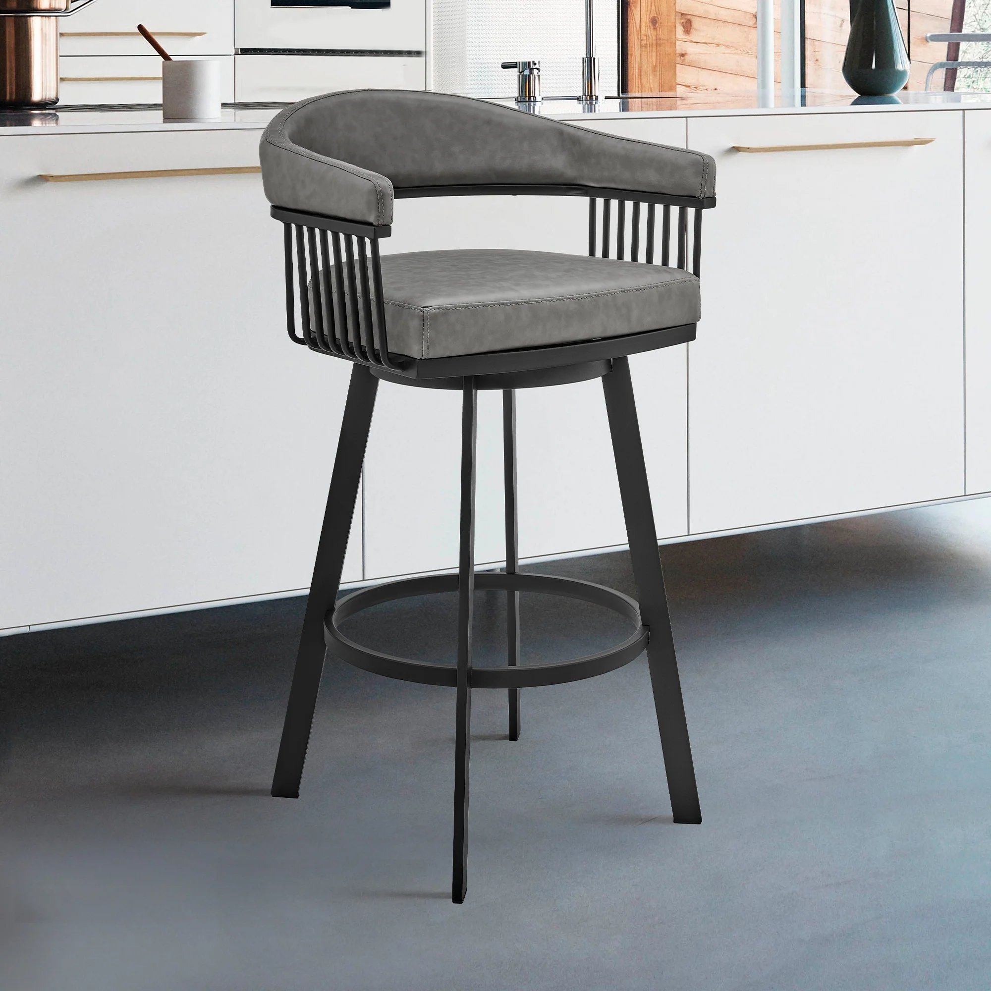Chelsea 30" Bar Height Swivel Bar Stool in Black Finish and Gray Faux Leather By Armen Living