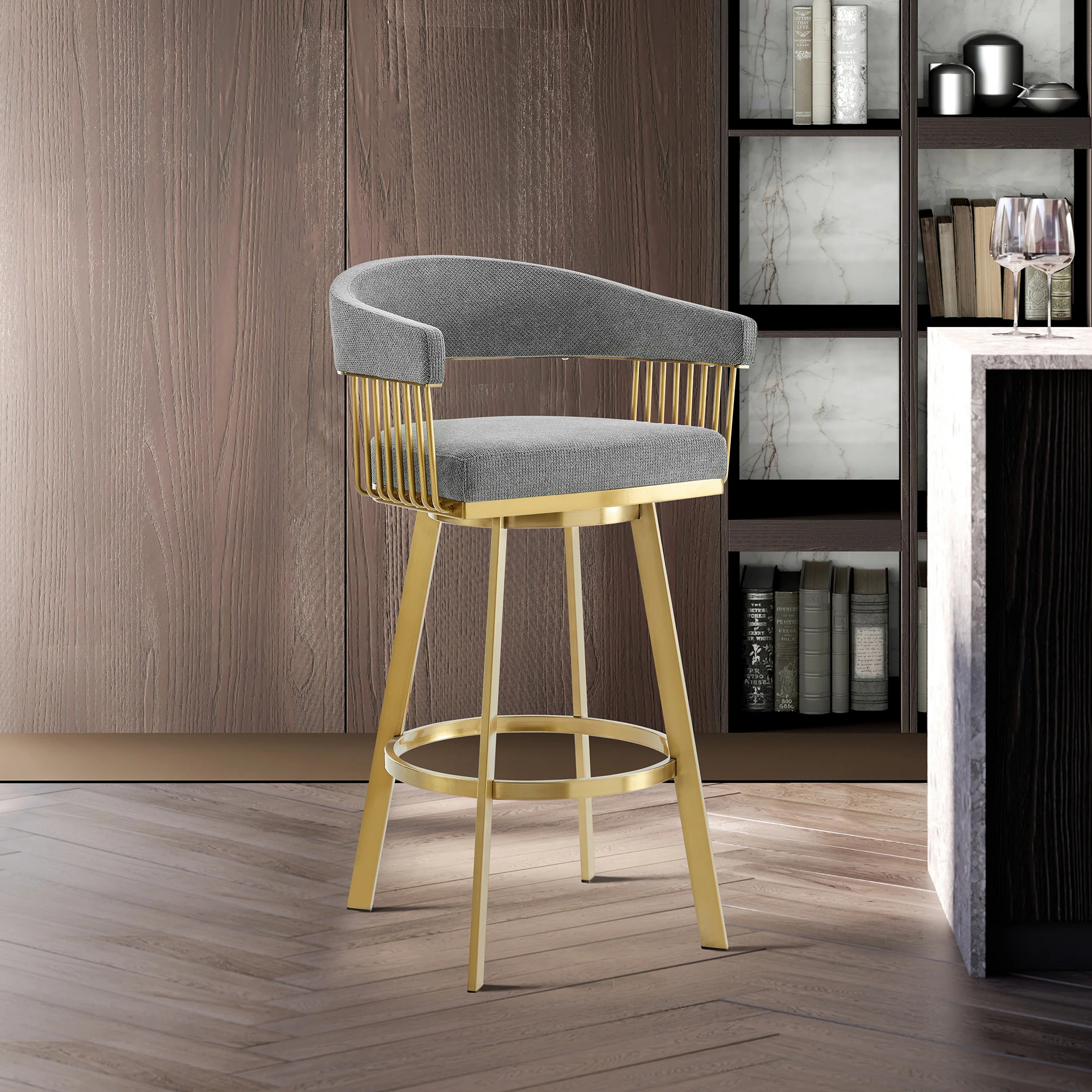 Chelsea 30" Swivel Bar Stool with Gold Brushed Stainless Steel and Anchor Gray Fabric By Armen Living