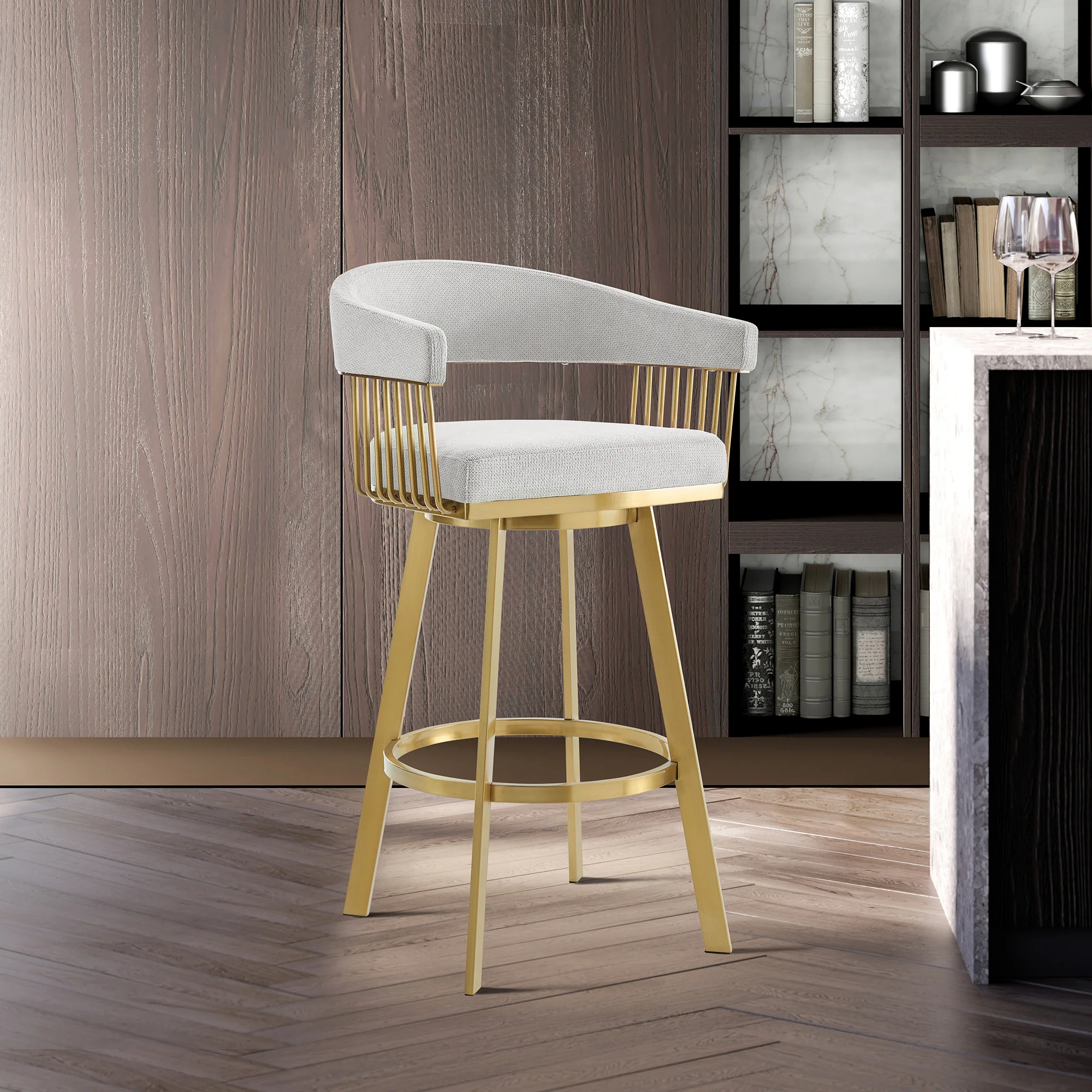 Chelsea 30" Swivel Bar Stool with Gold Brushed Stainless Steel and Silver Fabric By Armen Living