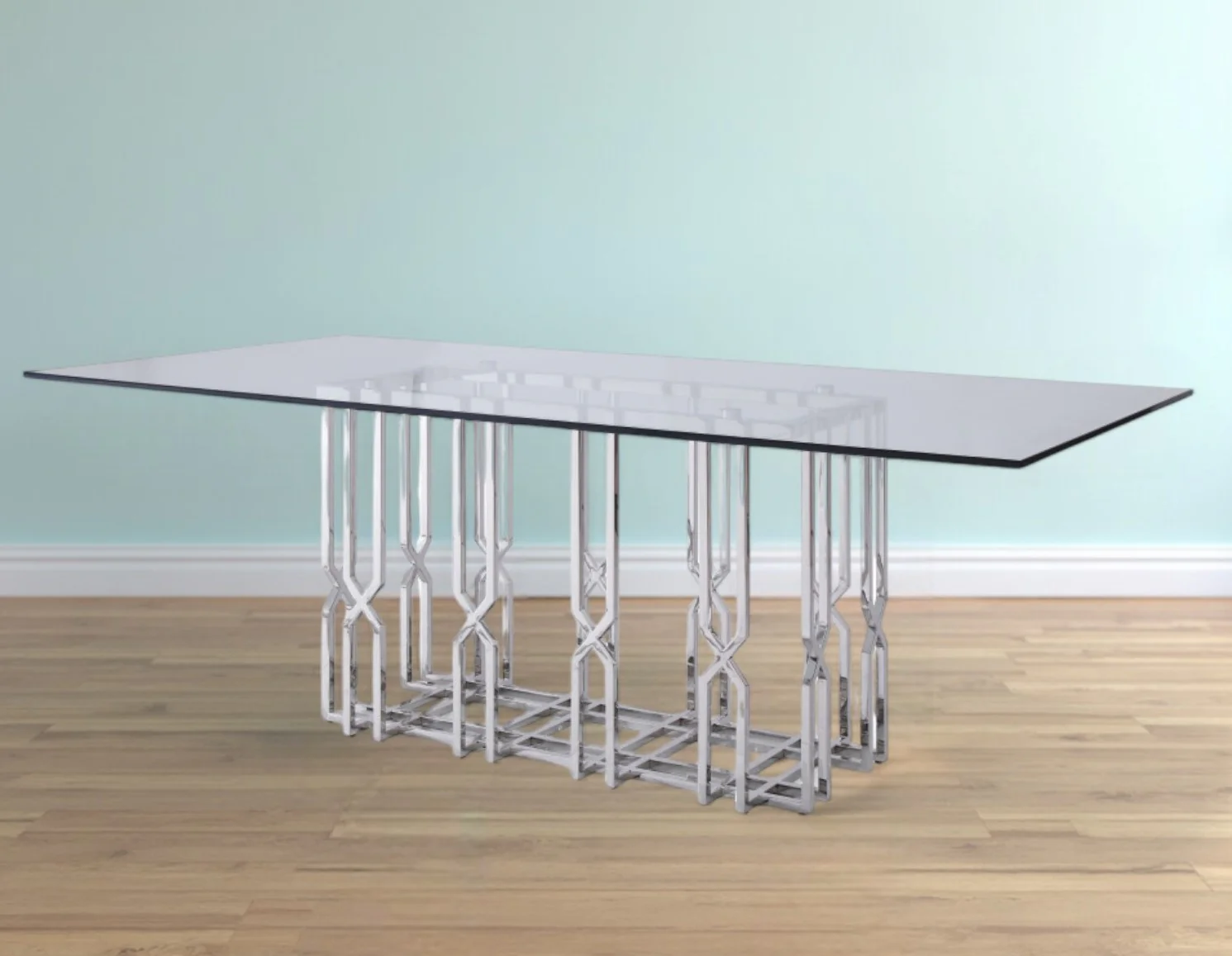 Clear And Silver Glass And Stainless Steel Pedestal Base Dining Table By Homeroots