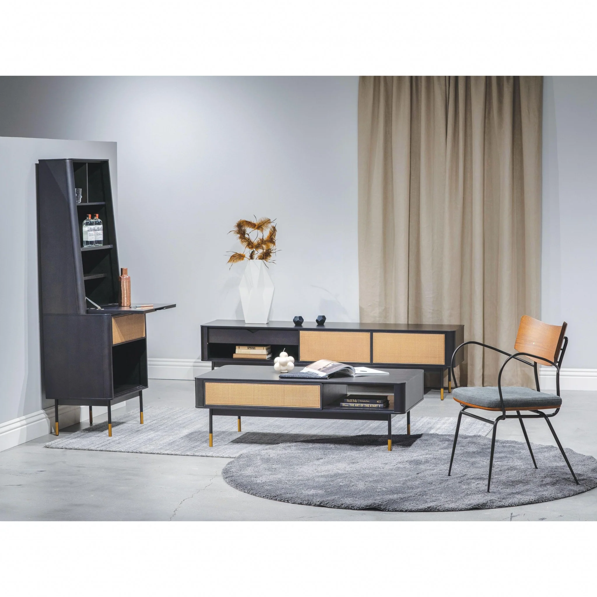 Coffee Table in Black with Natural Wicker By Homeroots - Image 6