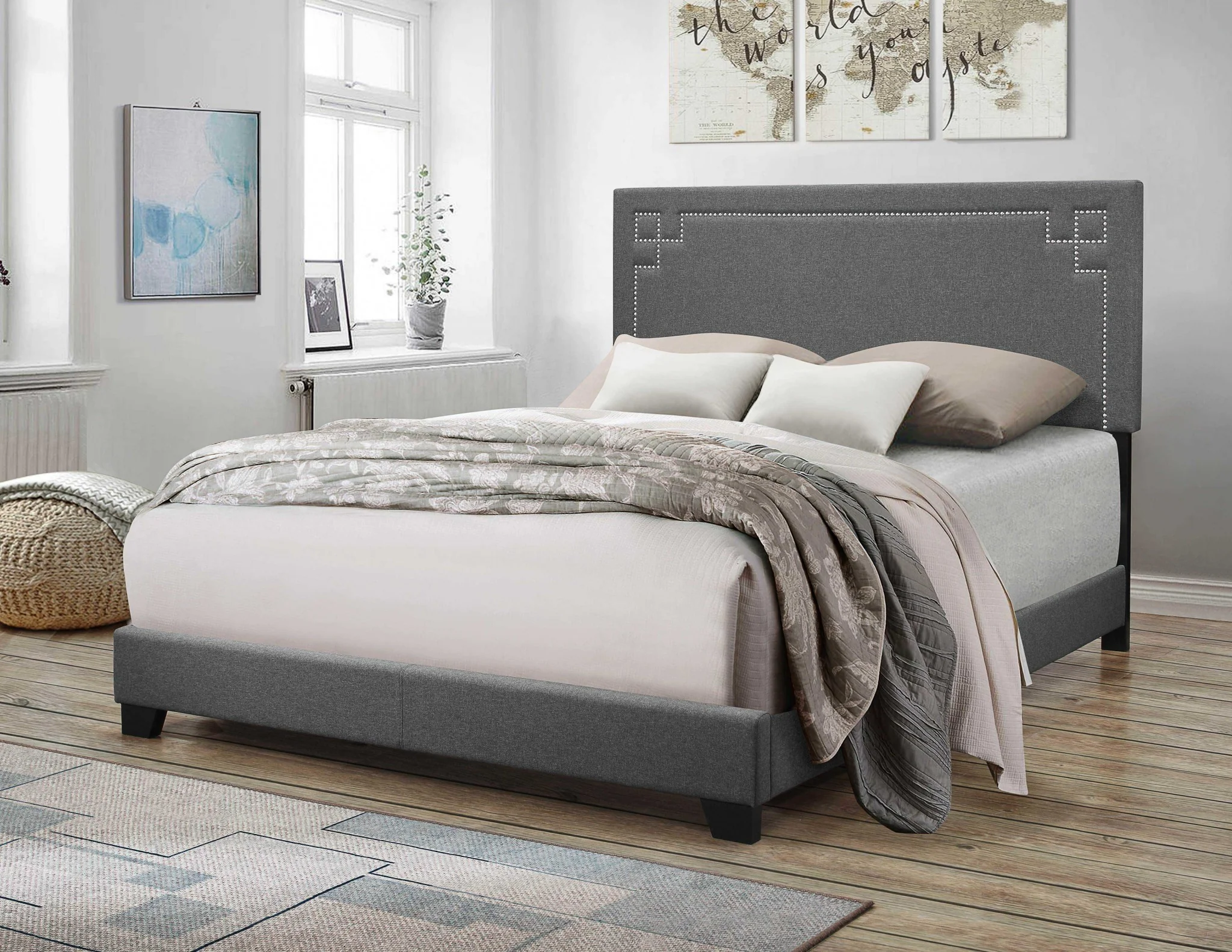 Contemporary Gray Upholstered Queen Bed Frame By Homeroots