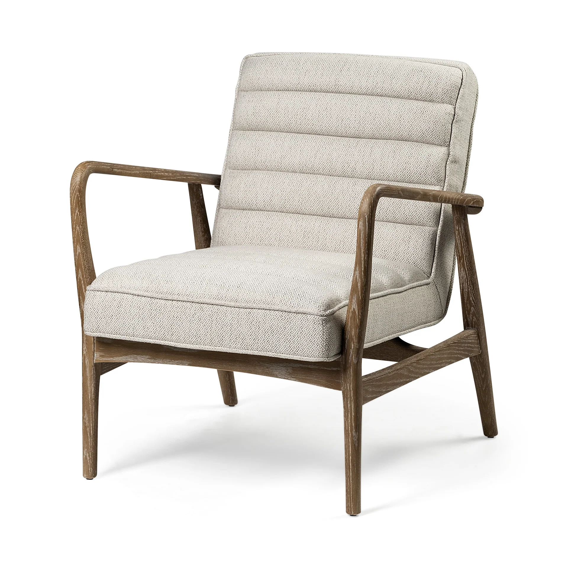 Cream Fabric Wrapped Medium Brown Accent Chair with Wooden Frame By Homeroots
