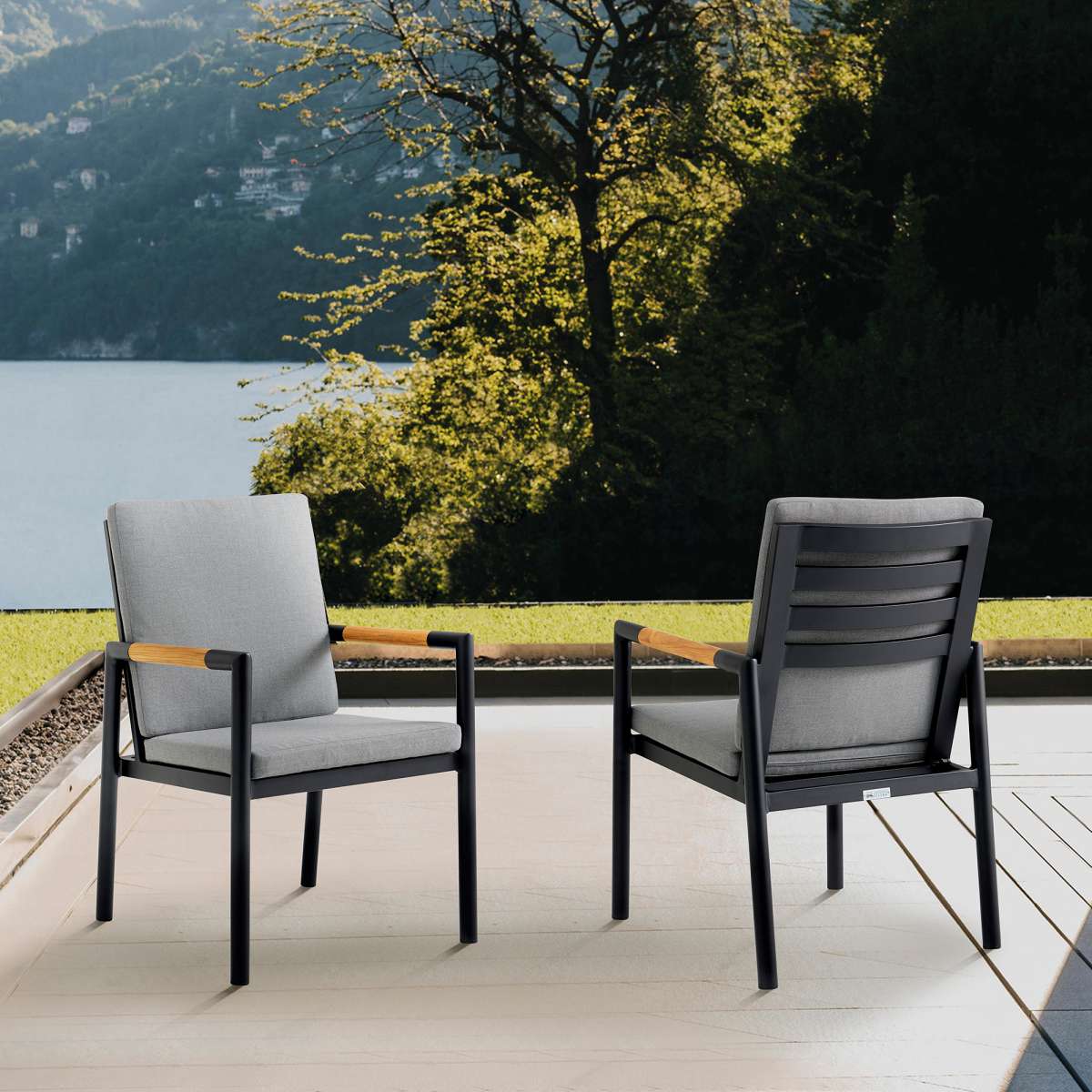 Crown Black Aluminum and Teak Outdoor Dining Chair with Dark Gray Fabric - Set of 2 By Armen Living