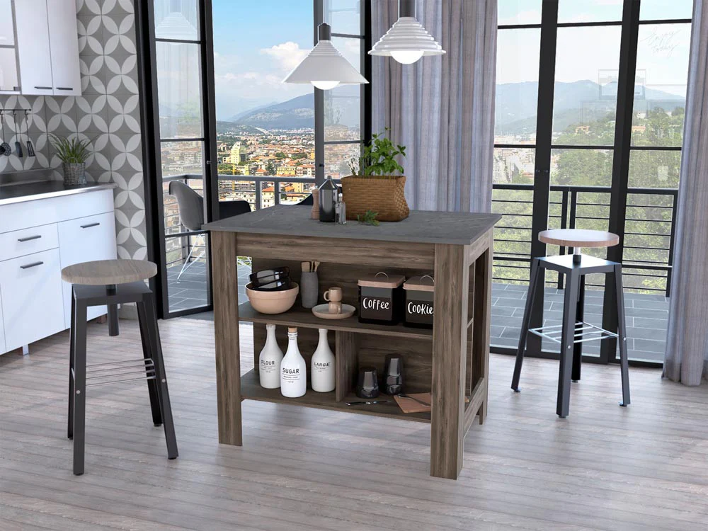 Dark Brown and Onyx Kitchen Island with Three Storage Shelves By Homeroots