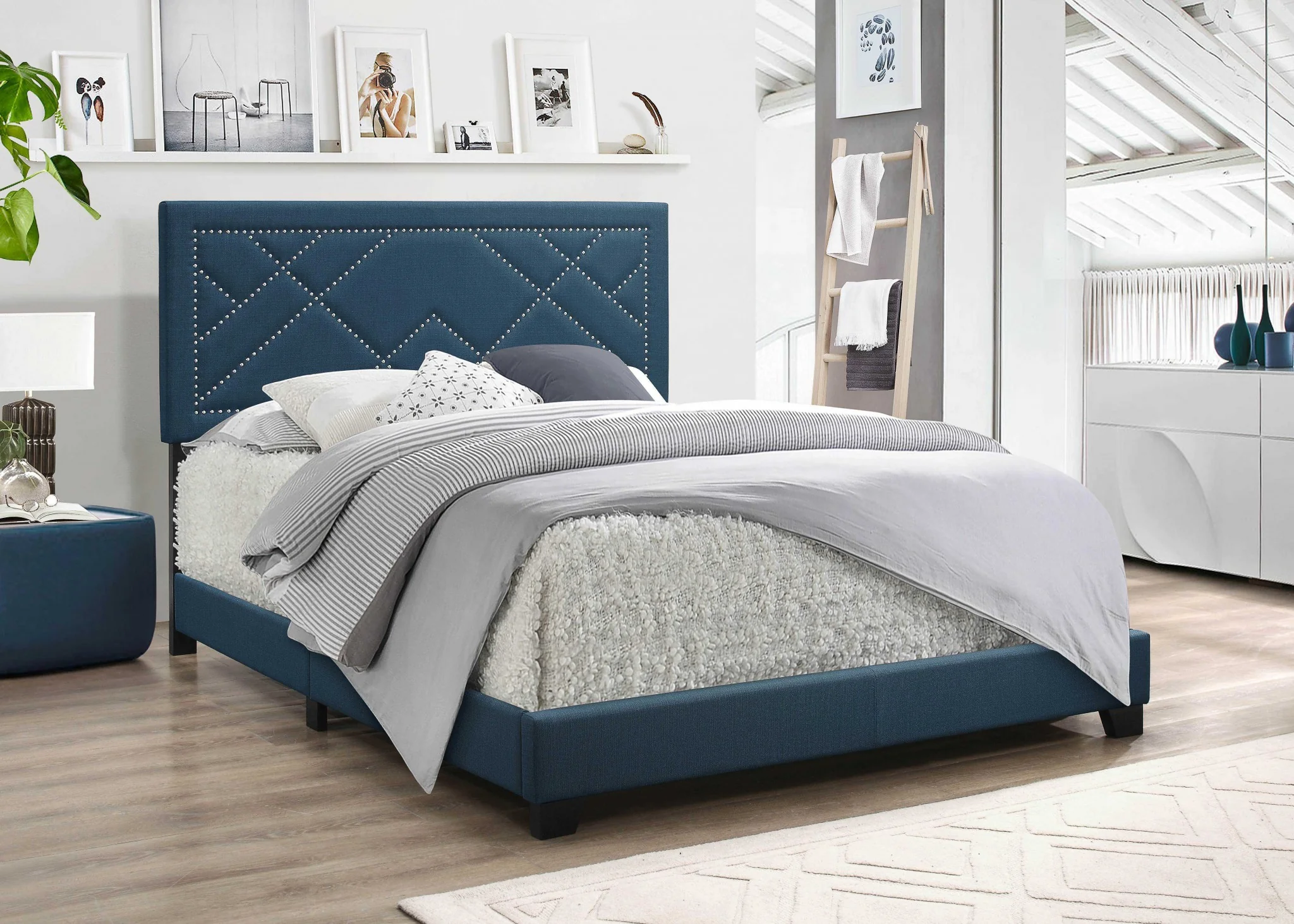 Dark Teal Fabric Upholstered Bed Wood Leg Queen Bed By Homeroots
