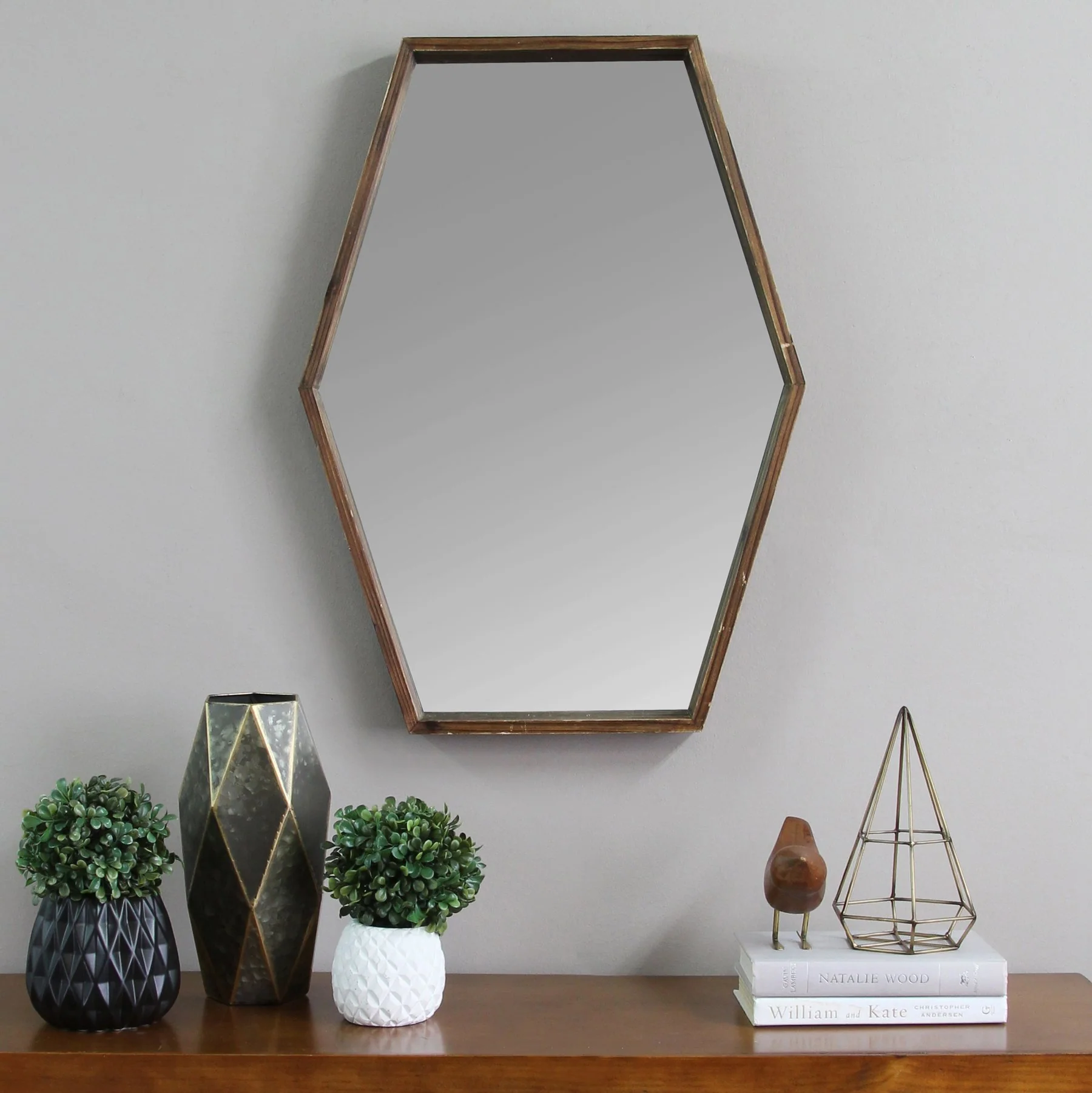 Dark Wood Hexagonal Frame Wall Mirror By Homeroots