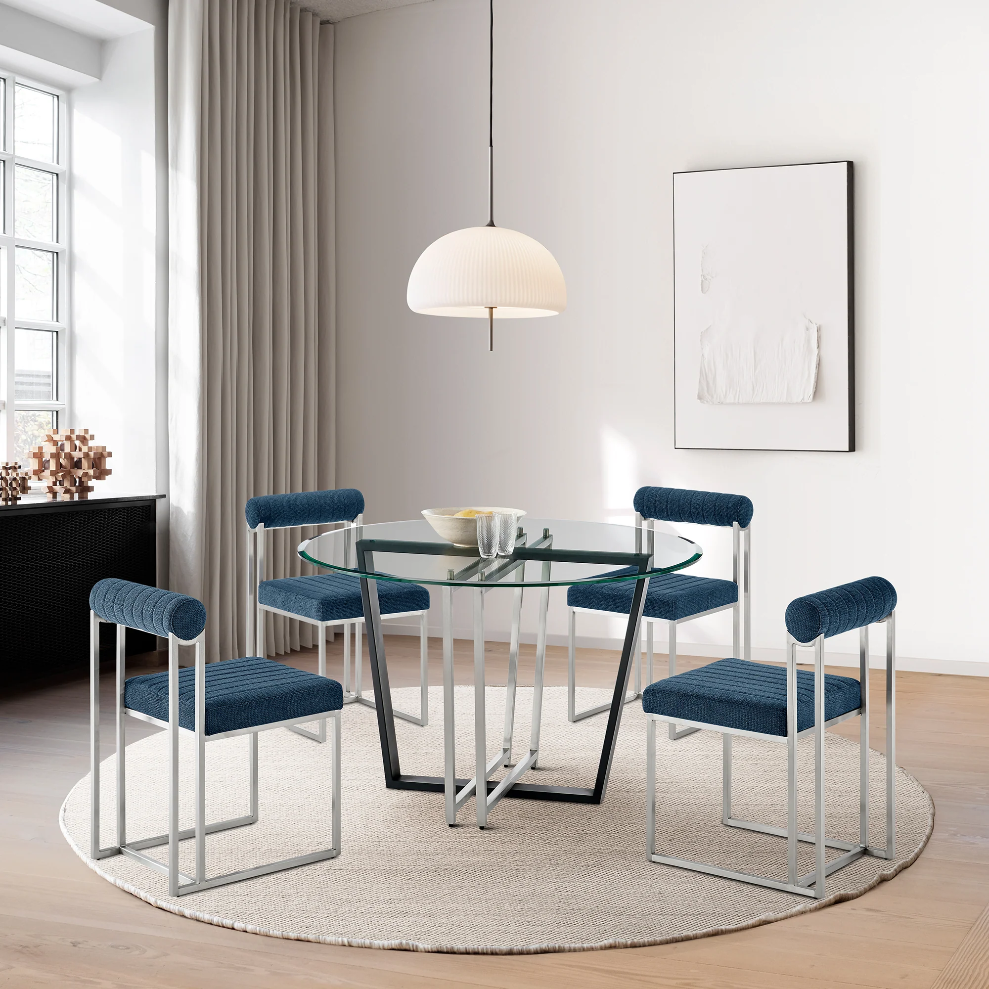 Devi Anastasia 5 Piece Round Glass Dining Table Set with Matte Black Iron and Anchor Gray Fabric By Armen Living - Image 51