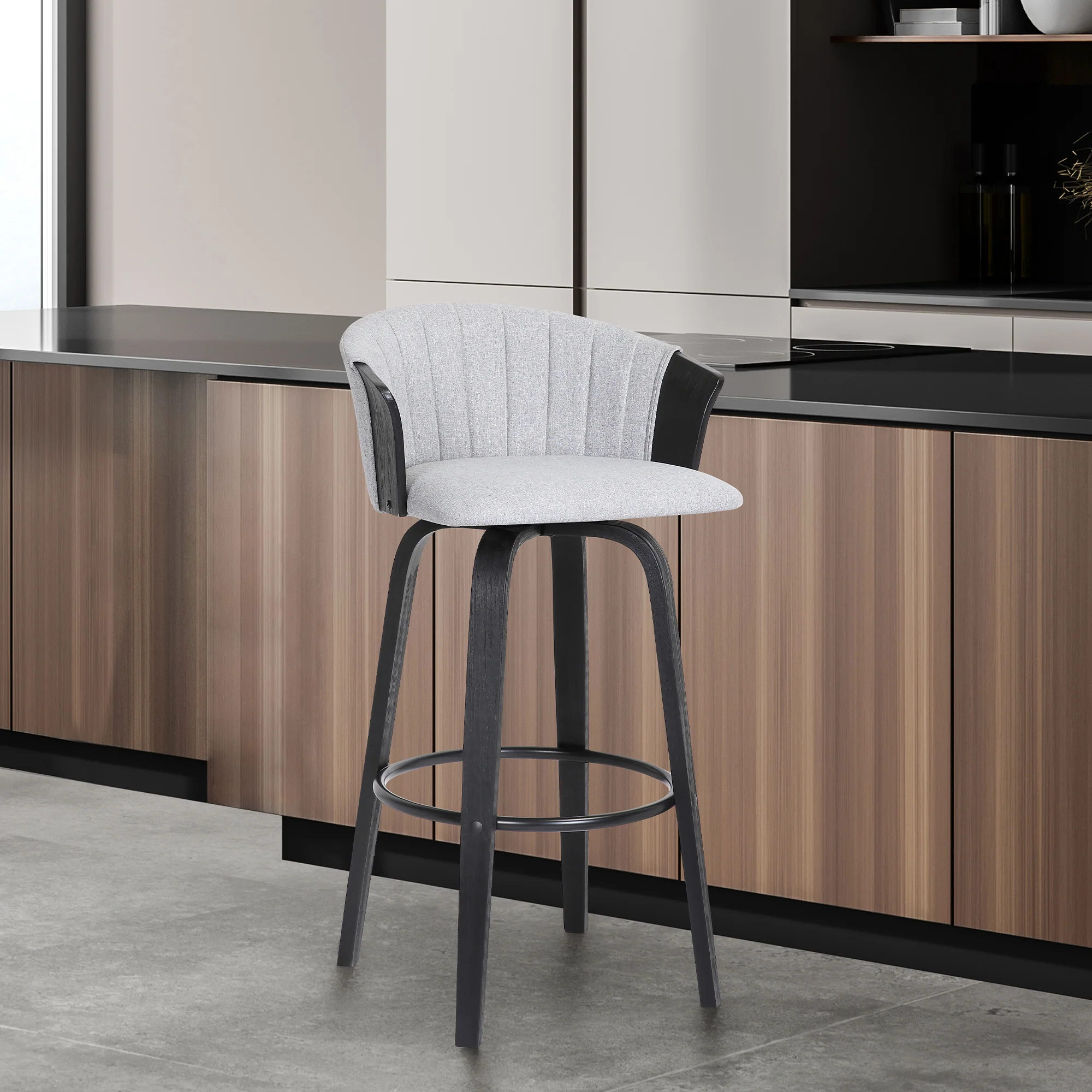 Diana 26" Swivel Black Wood Counter Stool in Light Grey Fabric By Armen Living