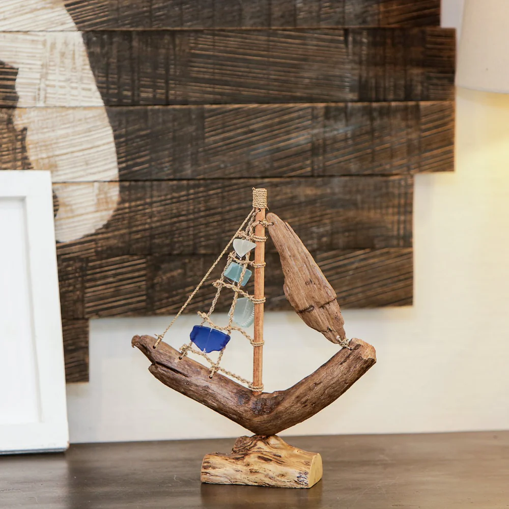 Driftwood Boat with Recycled Glass - Small 13"H Set of 4 By Garden Age Supply