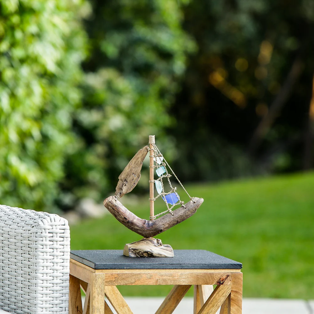 Driftwood Boat with Recycled Glass - Small 13"H Set of 4 By Garden Age Supply - Image 3