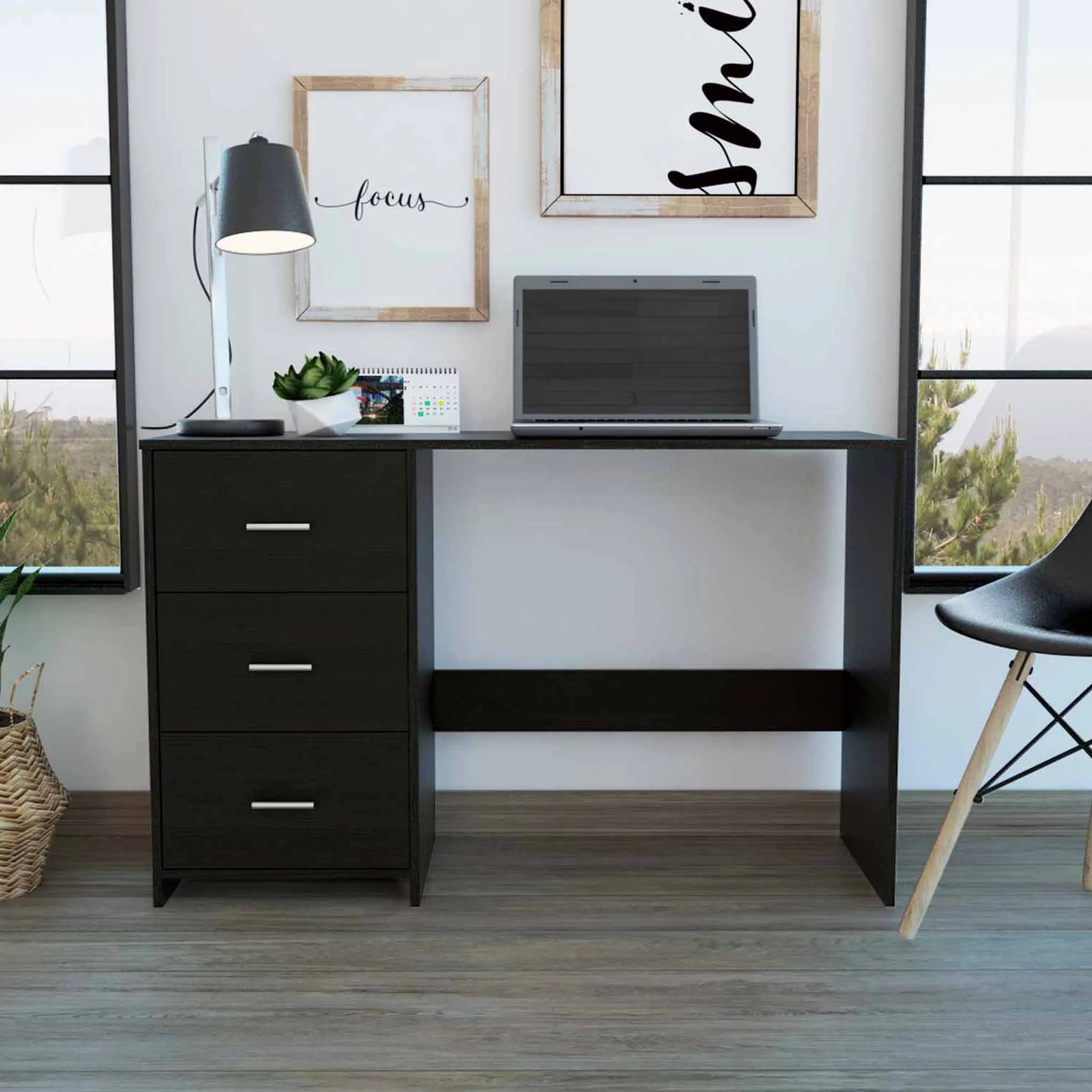 Echo Black Computer Desk with Three Drawers By Homeroots - 403782