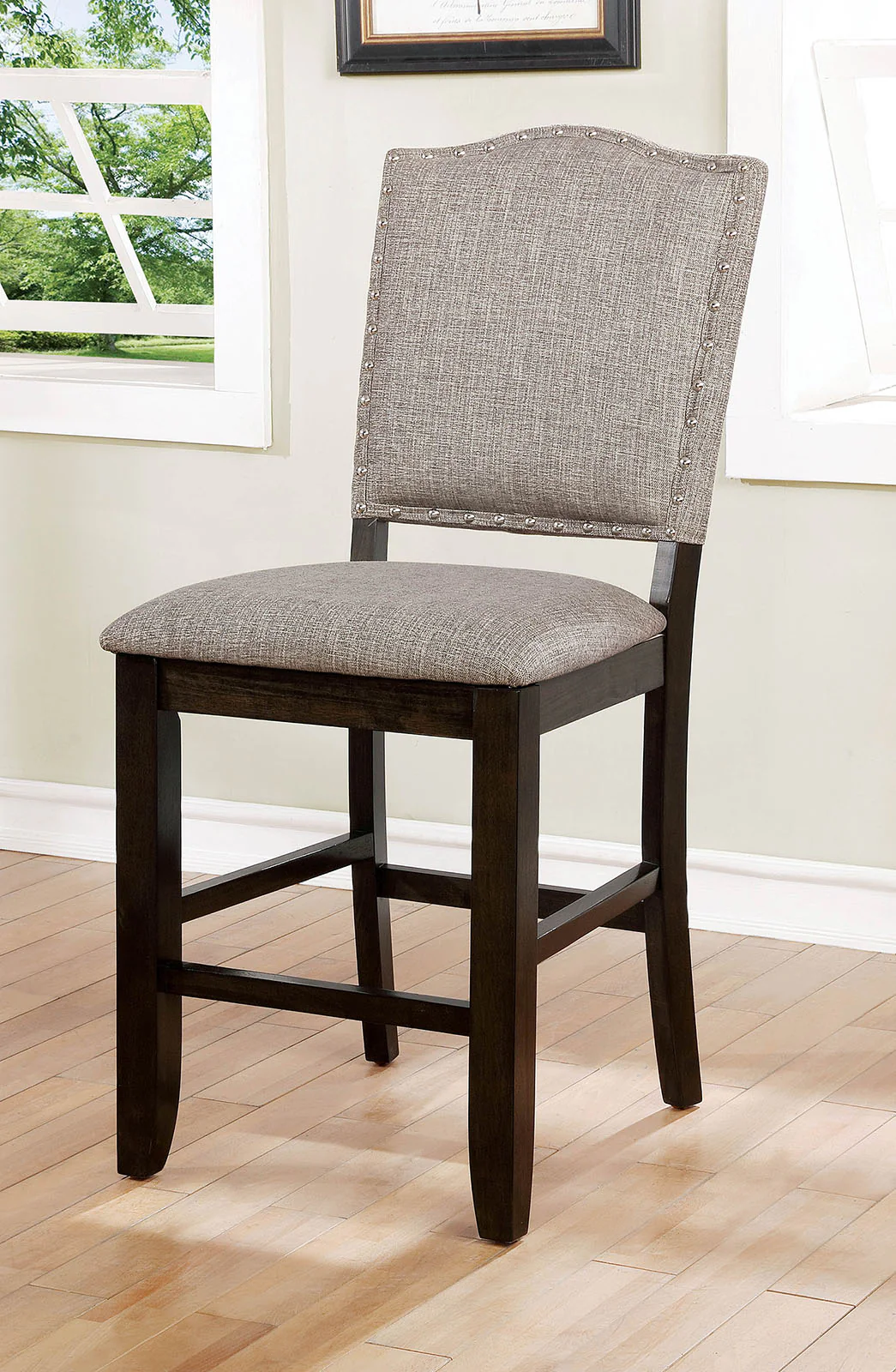 Fabric Upholstered Wooden Counter Height Chair with Camelback, Pack of Two, Gray and Brown By Benzara