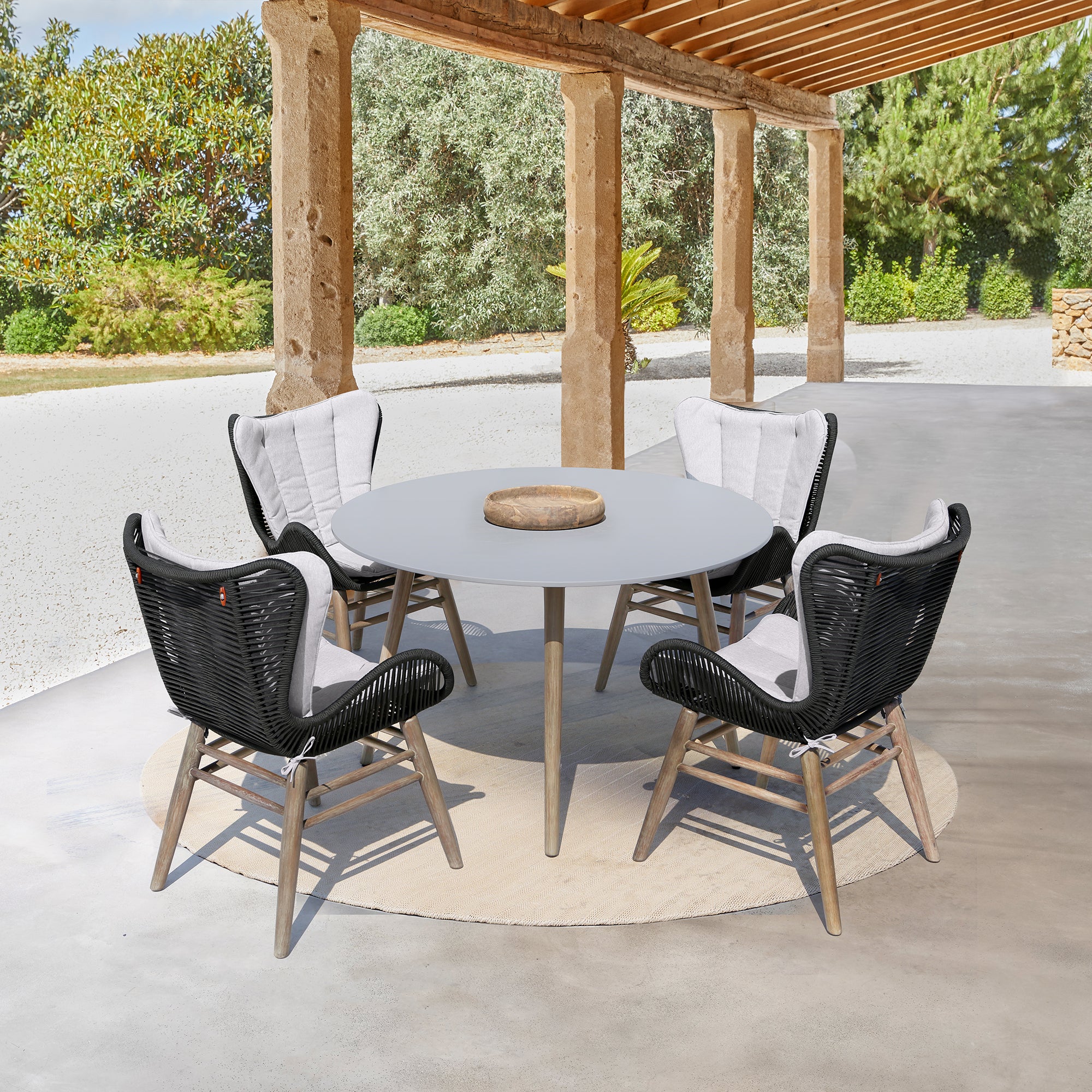 Fanny Outdoor Patio Dining Chair in Light Eucalyptus Wood and Charcoal Rope By Armen Living - Image 3