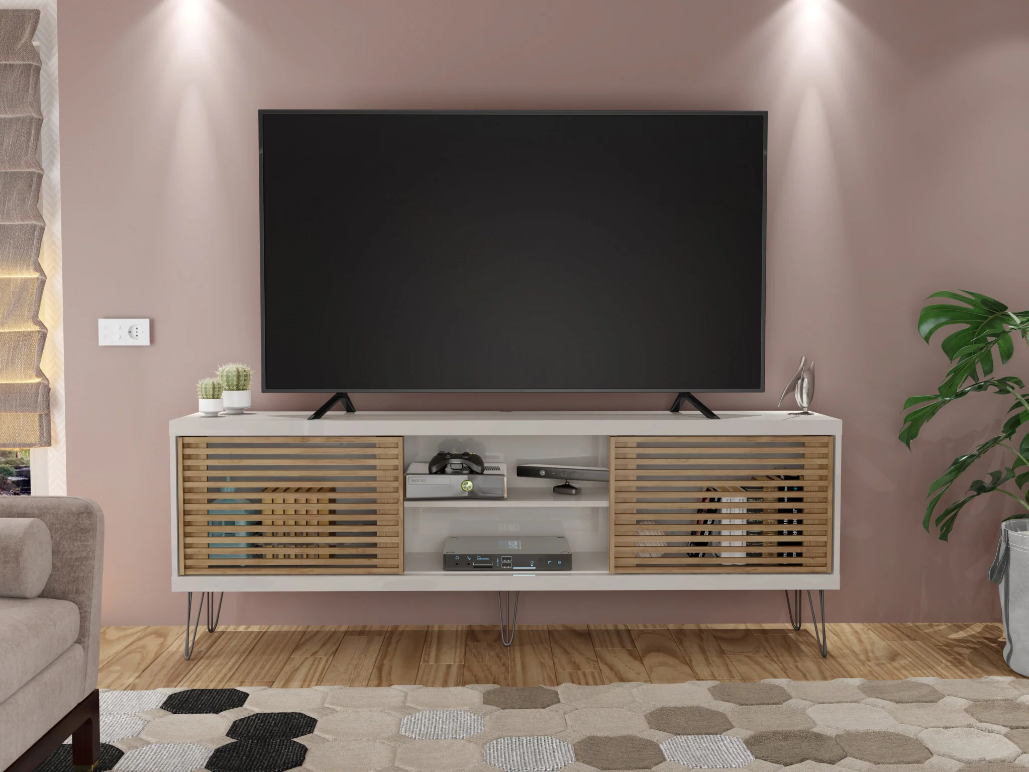 Farmhouse TV Stand With Metal Legs And Wood-Slat Sliding Doors 70 inch tv By Homeroots