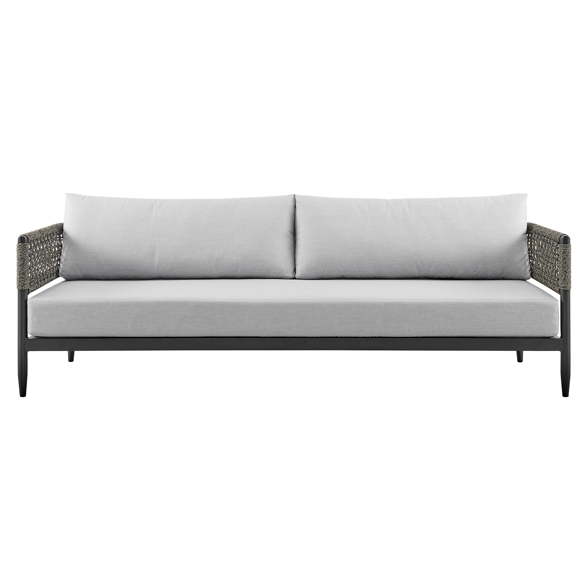 Felicia 4 Piece Outdoor Black Aluminum & Rope Conversation Set with Light Gray Fabric Cushions By Armen Living - Image 3