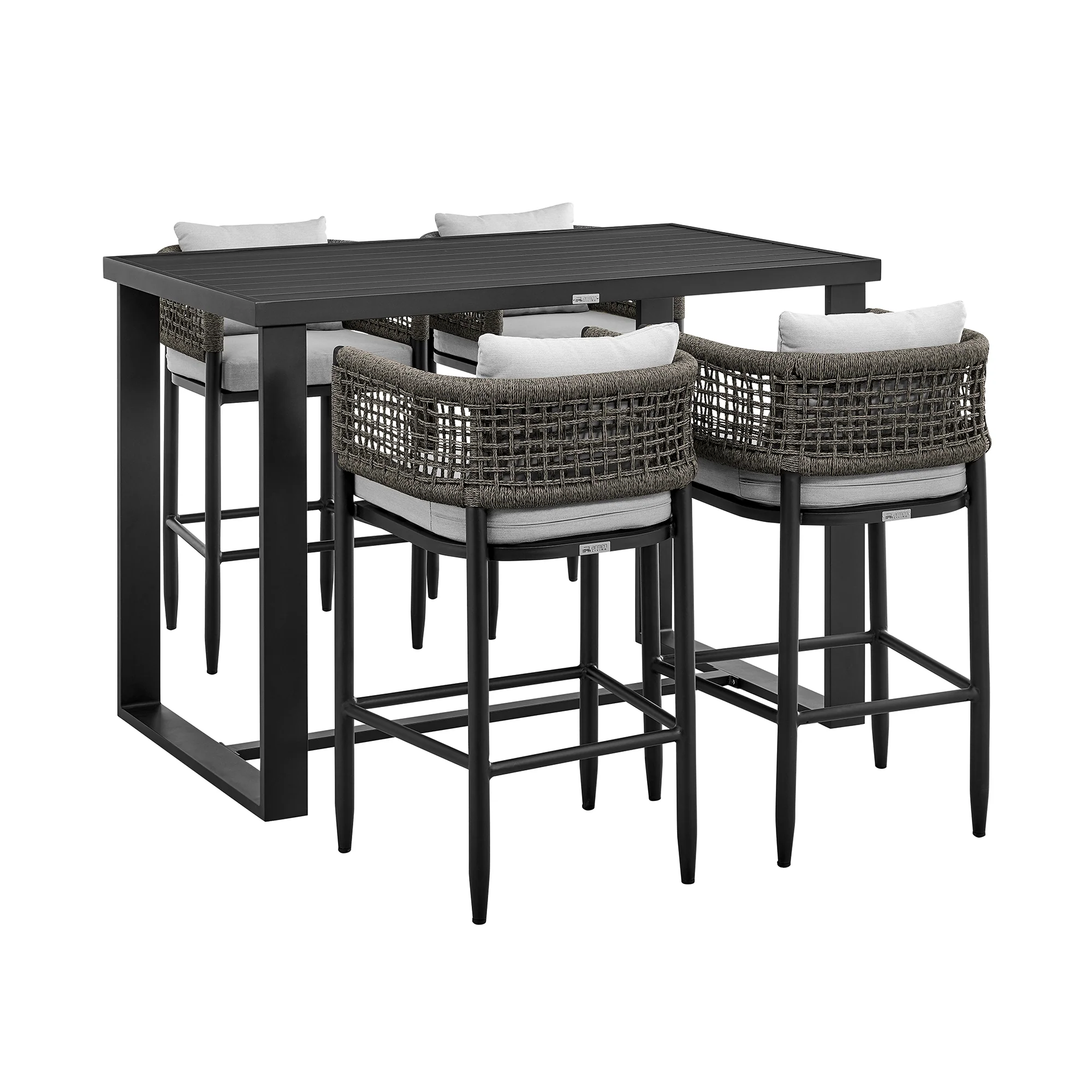 Felicia Outdoor Patio 5-Piece Bar Table Set in Aluminum with Grey Rope and Cushions By Armen Living - Image 2