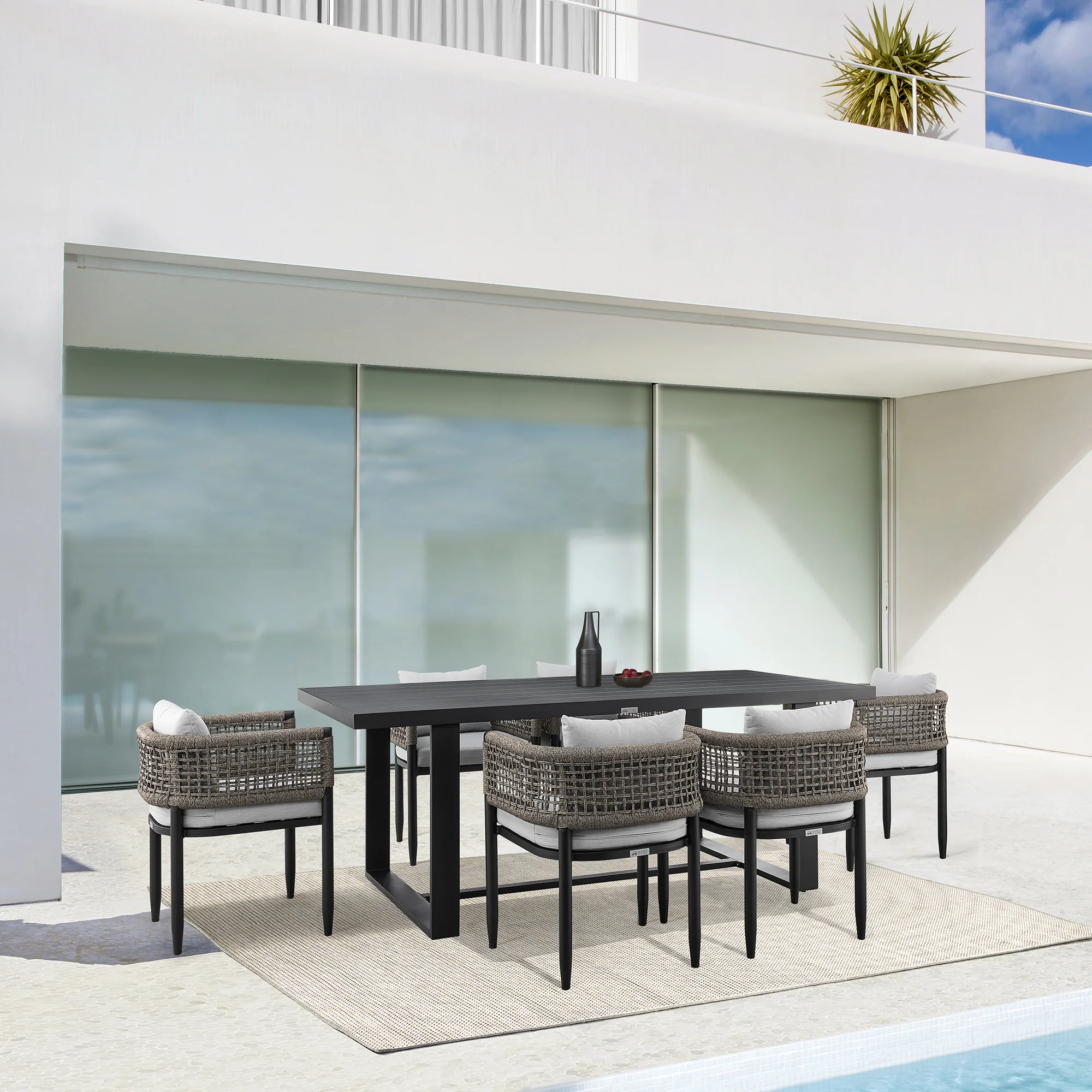 Felicia Outdoor Patio 7-Piece Dining Table Set in Aluminum with Grey Rope and Cushions By Armen Living