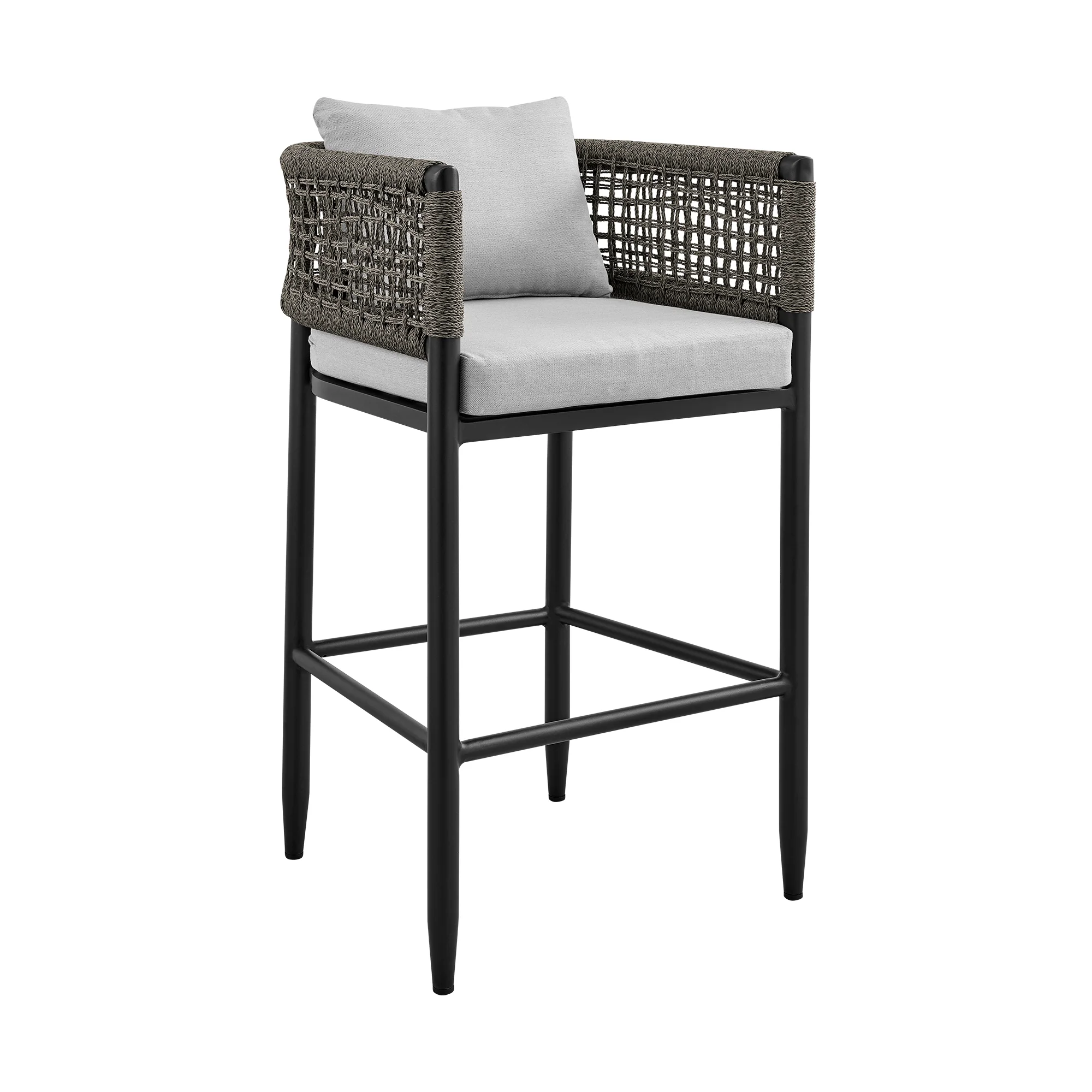 Felicia Outdoor Patio Bar Stool in Aluminum with Grey Rope and Cushions By Armen Living - Image 2