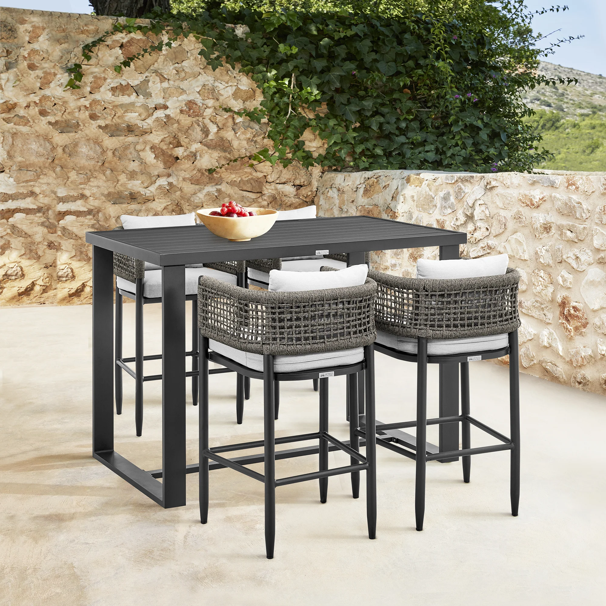 Felicia Outdoor Patio Bar Stool in Aluminum with Grey Rope and Cushions By Armen Living - Image 3