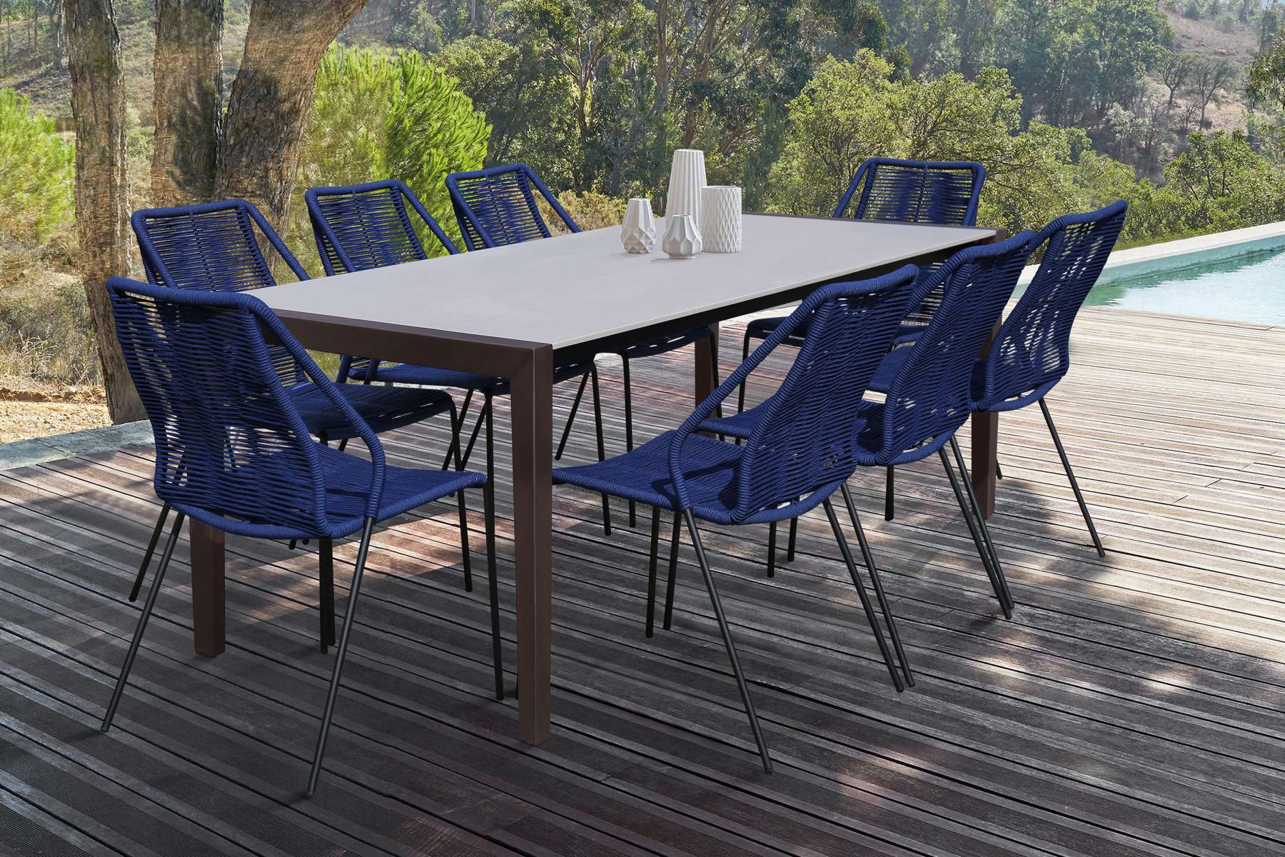 Fineline and Clip Indoor Outdoor 9 Piece Dining Set in Dark Eucalyptus Wood with Superstone and Black Rope By Armen Living