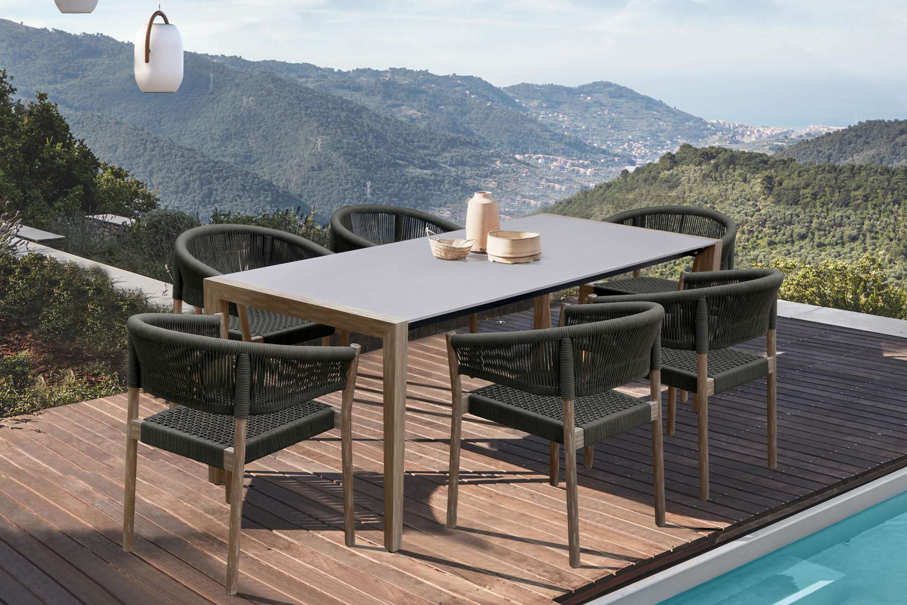 Fineline and Doris Indoor Outdoor 7 Piece Dining Set in Light Eucalyptus Wood with Superstone and Charcoal Rope By Armen Living