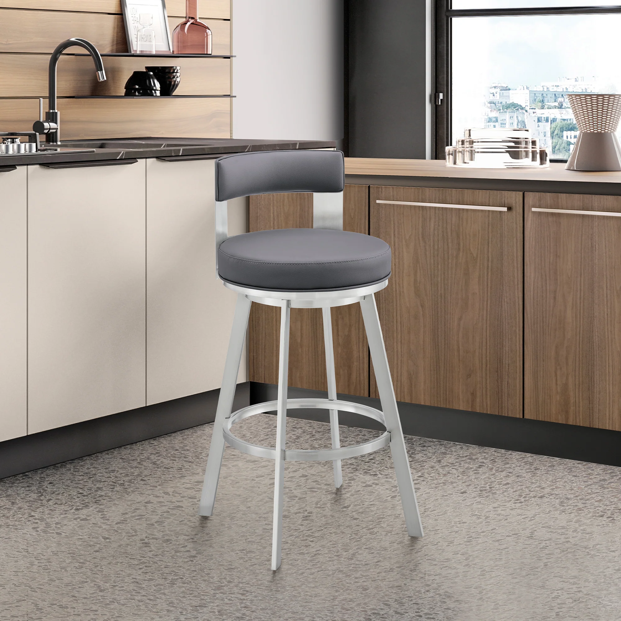 Flynn 30" Swivel Bar Stool in Black Metal with Light Gray Faux Leather By Armen Living - Image 19