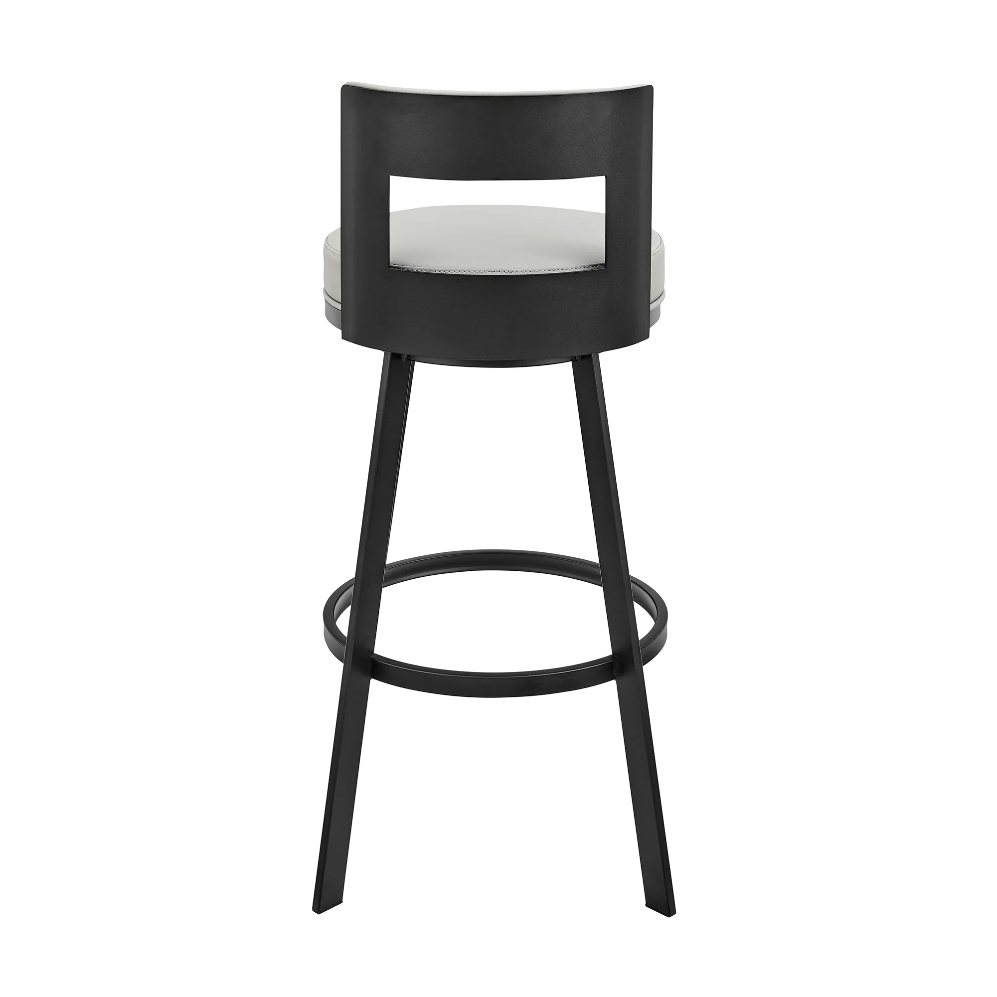 Flynn 30" Swivel Bar Stool in Black Metal with Light Gray Faux Leather By Armen Living - Image 6