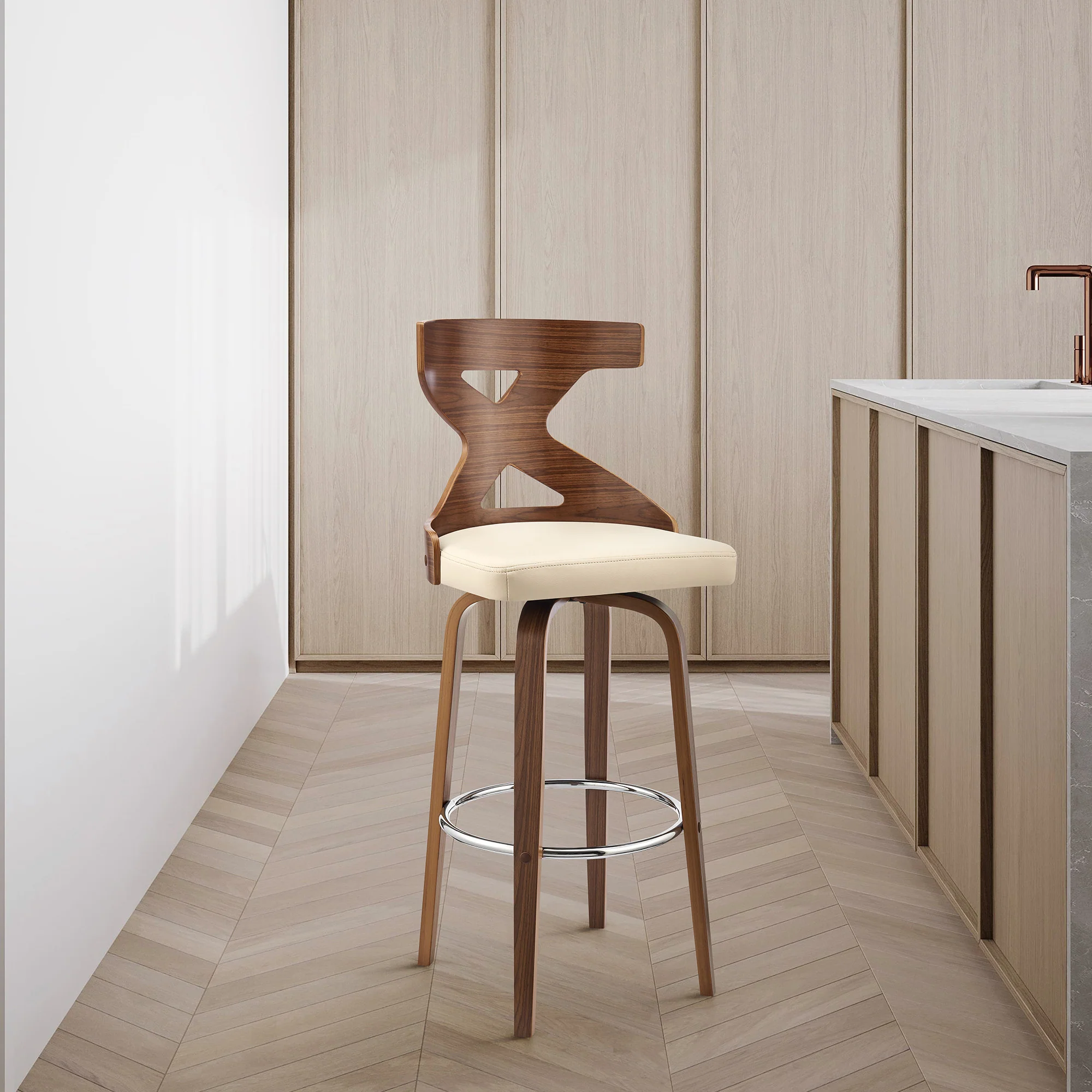 Gayle 30" Swivel Cross Back Cream Faux Leather and Walnut Wood Bar Stool By Homeroots