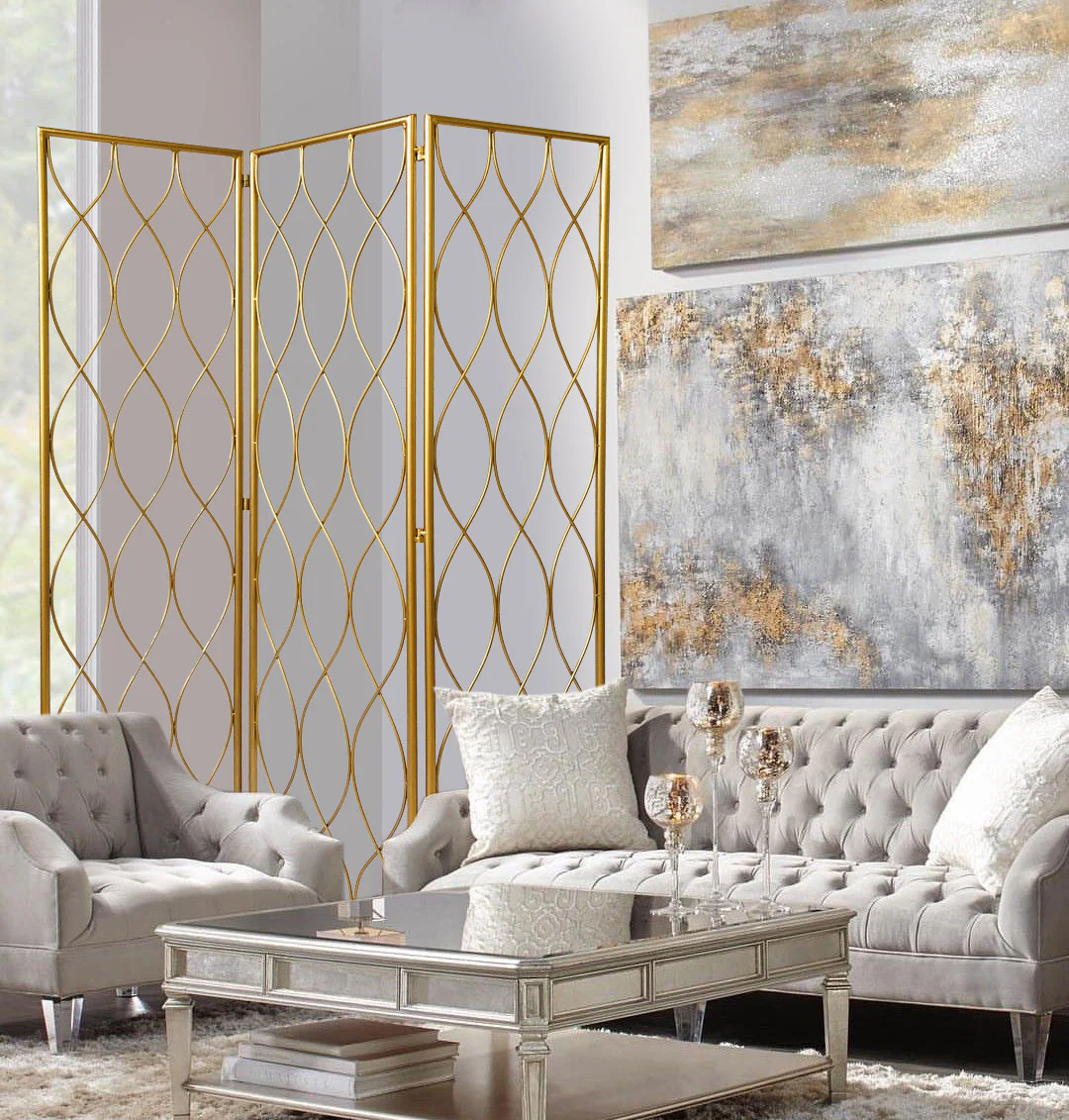 Golden Scroll Three Panel Room Divider Screen By Homeroots