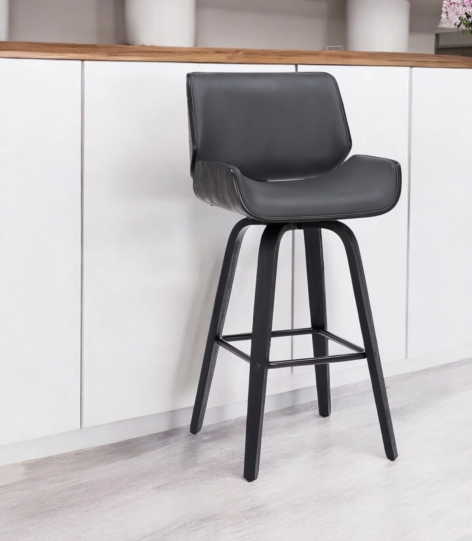 Gray and Black Faux Leather and Iron Bar Height Swivel Bar Chair By Homeroots