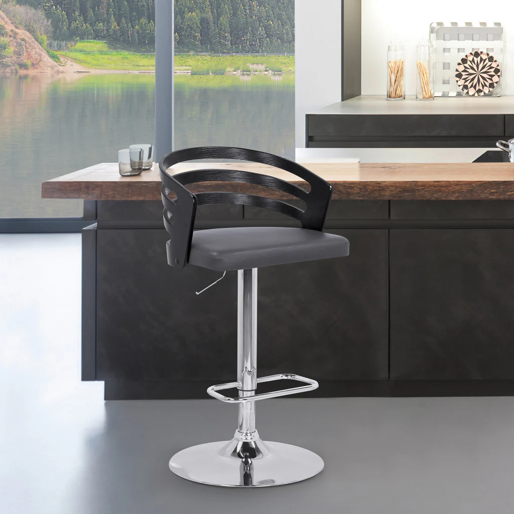 Gray Faux Leather Black Wood and Chrome Adjustable Swivel Bar Stool By Homeroots