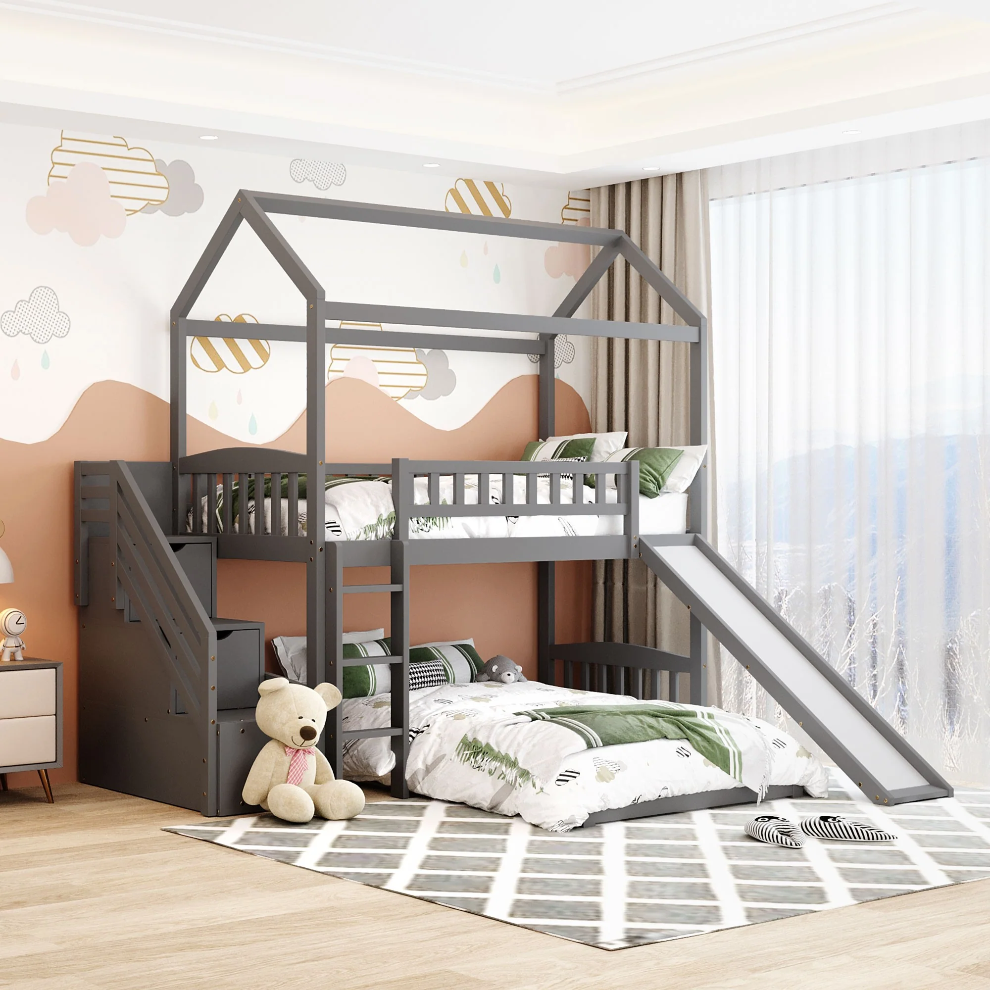 Gray Twin Over Twin Playhouse Perpendicular Bunk Bed With Slide By Homeroots