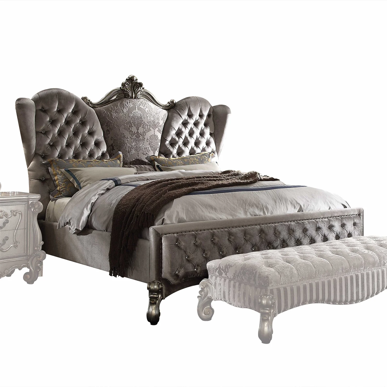 Gray Velvet King Bed By Homeroots - Image 2