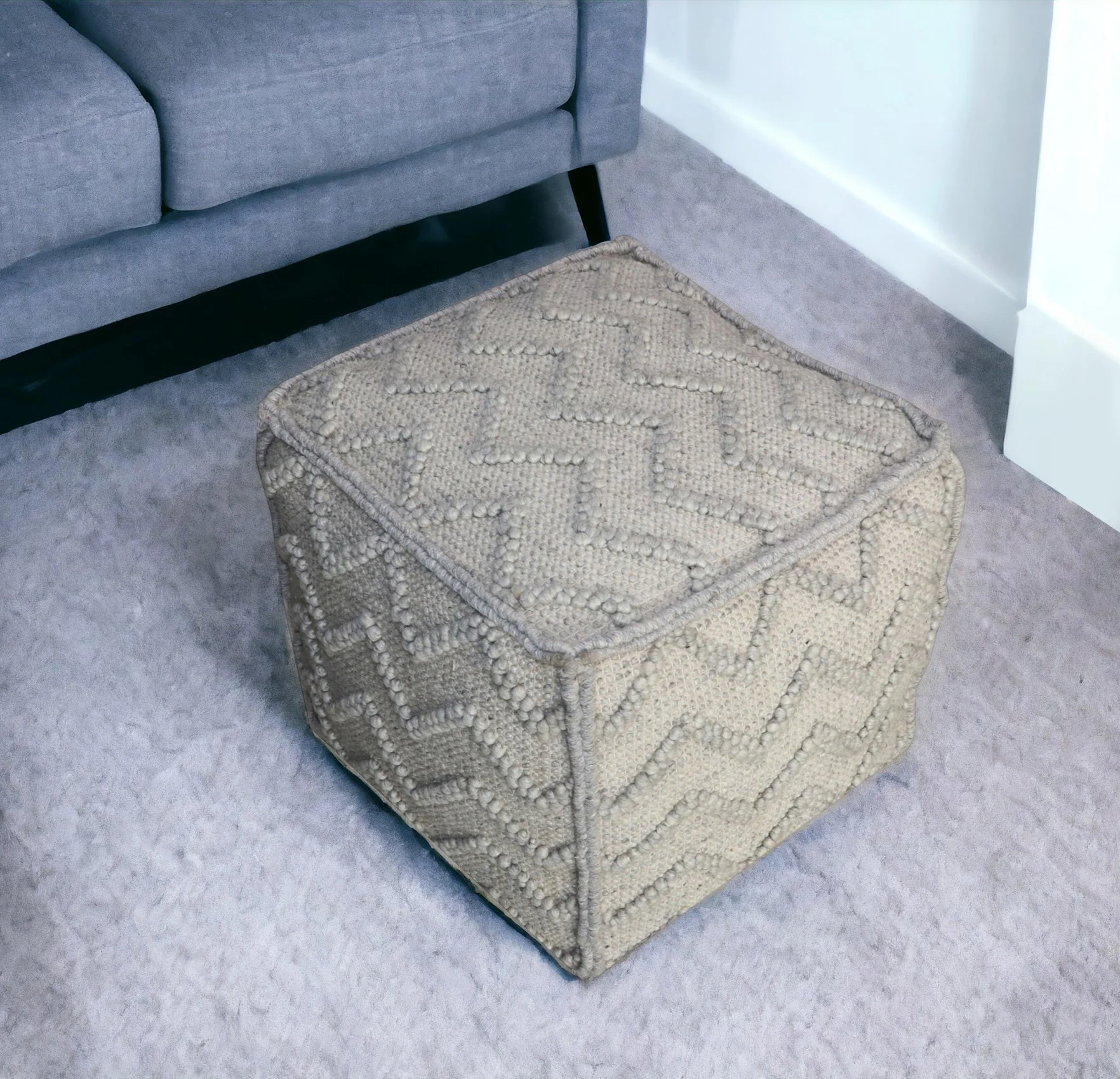 Gray Wool Cotton Blend Cube Chevron Pouf Ottoman By Homeroots