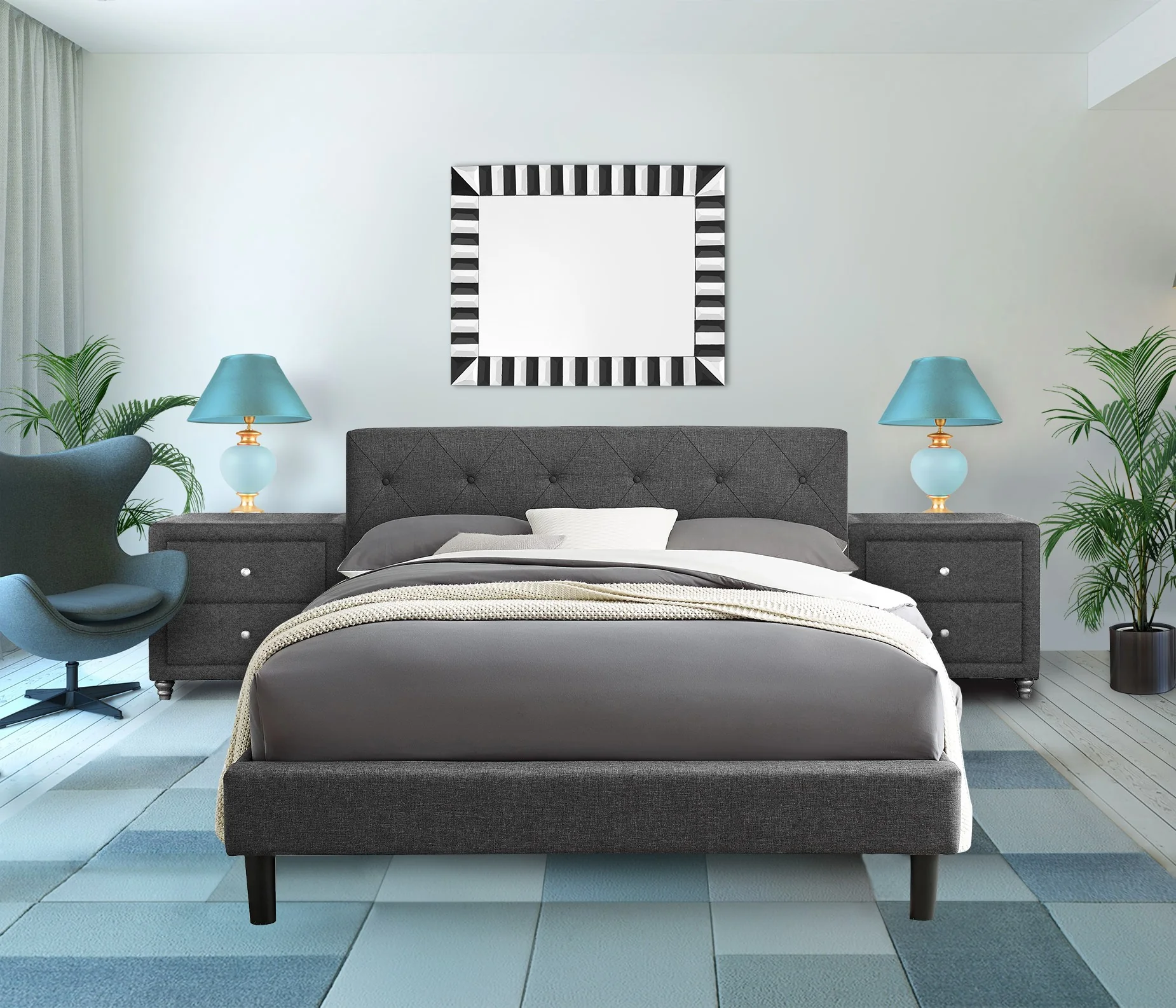 Grey Queen Platform Bed With Two Nightstands By Homeroots