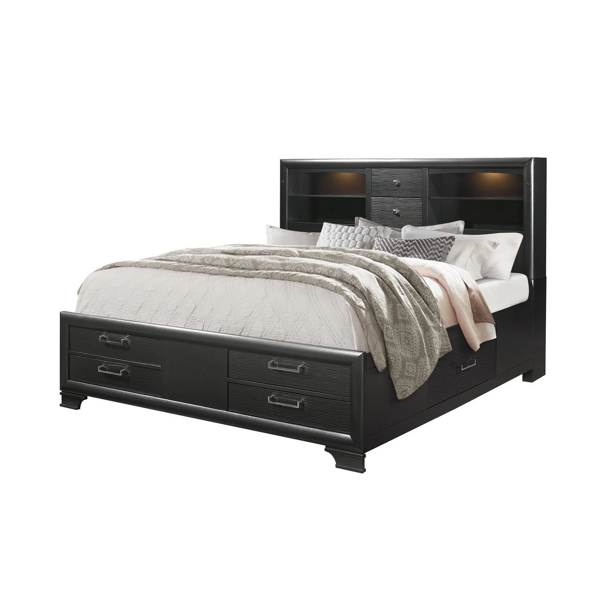 Grey Rubberwood Bed With Bookshelves Headboard Led Lightning 6 Drawers By Homeroots - 383797 - Image 3