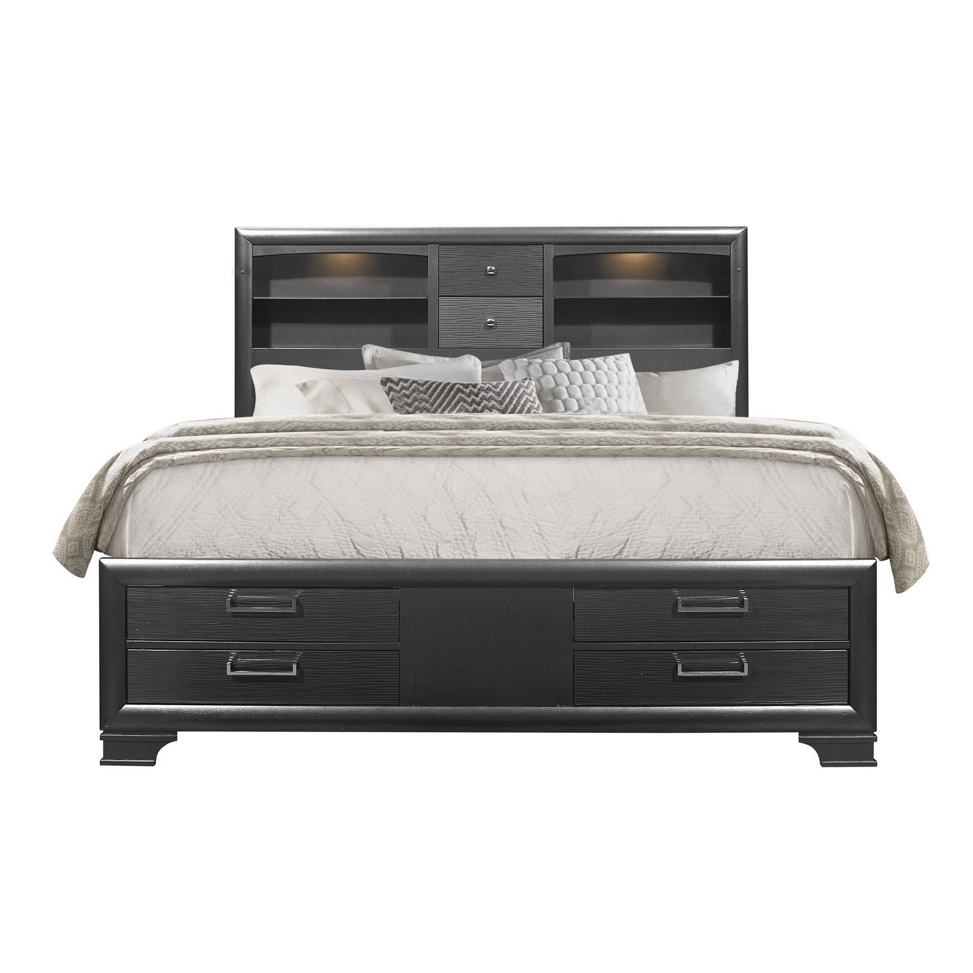 Grey Rubberwood Bed With Bookshelves Headboard Led Lightning 6 Drawers By Homeroots - 383798 - Image 2