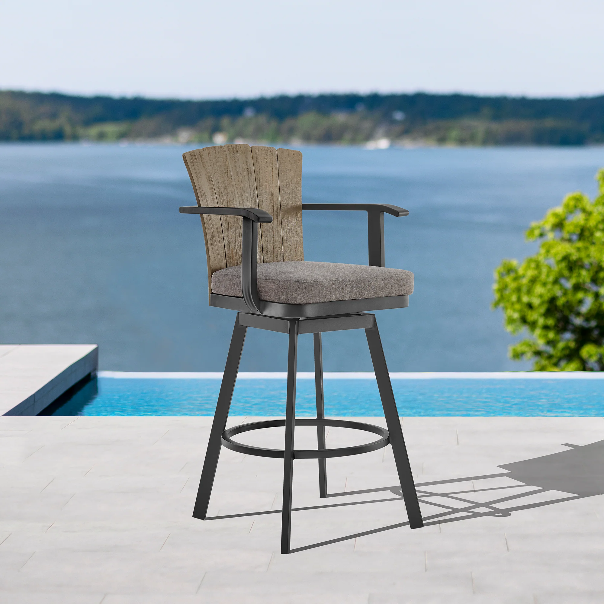 Hazel Outdoor Patio Swivel Bar Stool in Aluminum with Teak Wood and Charcoal Cushion By Armen Living