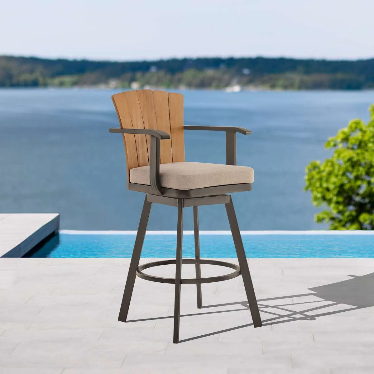 Hazel Outdoor Patio Swivel Counter Stool in Aluminum with Teak Wood and Brown Cushion By Armen Living