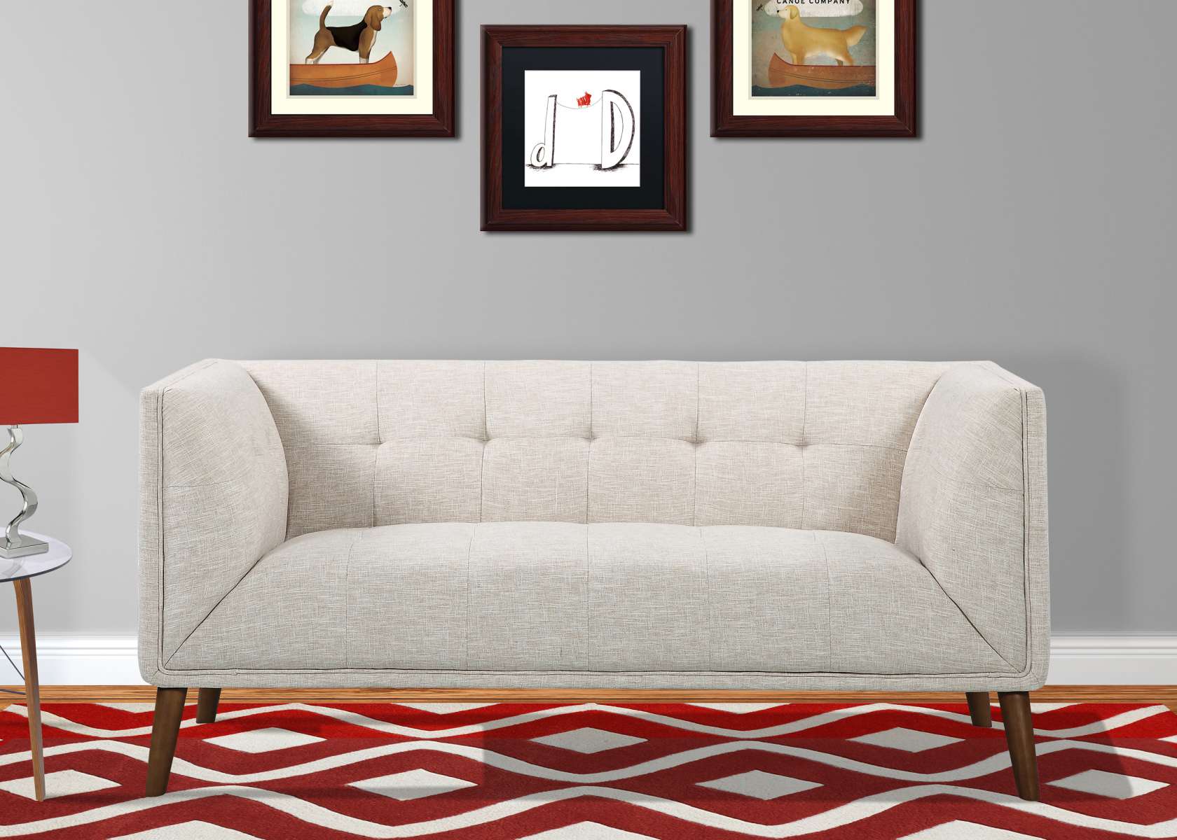 Hudson Mid-Century Button-Tufted Loveseat in Beige Linen and Walnut Legs By Armen Living