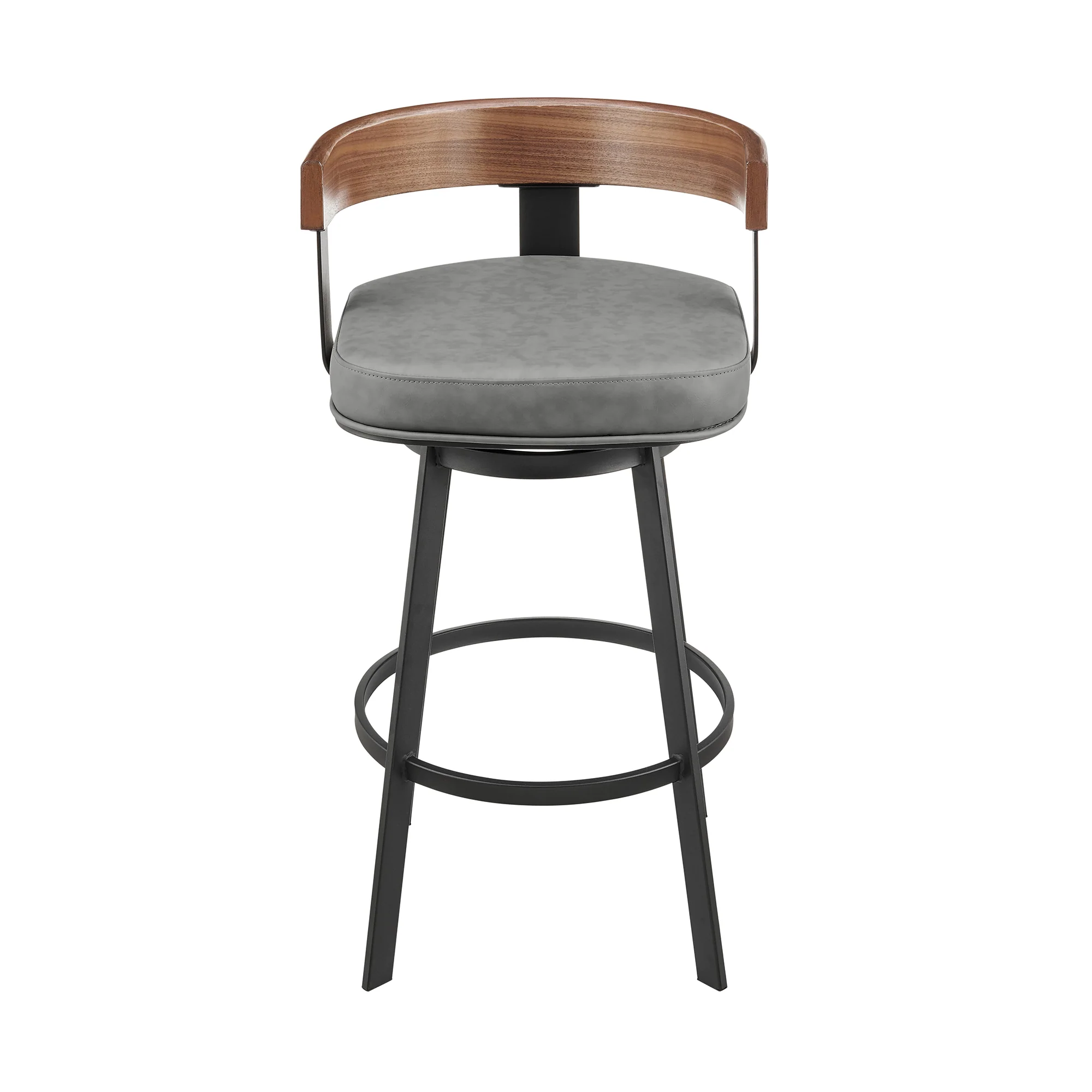 Idris 26" Swivel Counter Stool in Black Iron with Walnut Finish and Vintage Gray Faux Leather By Armen Living - Image 3