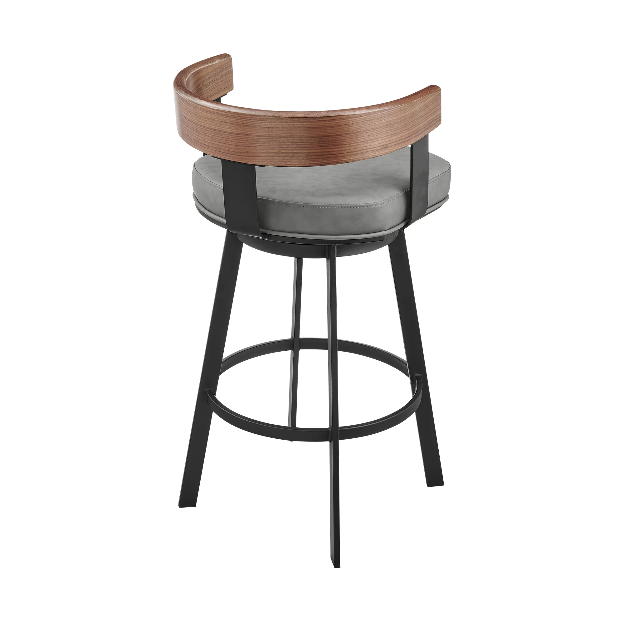 Idris 26" Swivel Counter Stool in Black Iron with Walnut Finish and Vintage Gray Faux Leather By Armen Living - Image 4