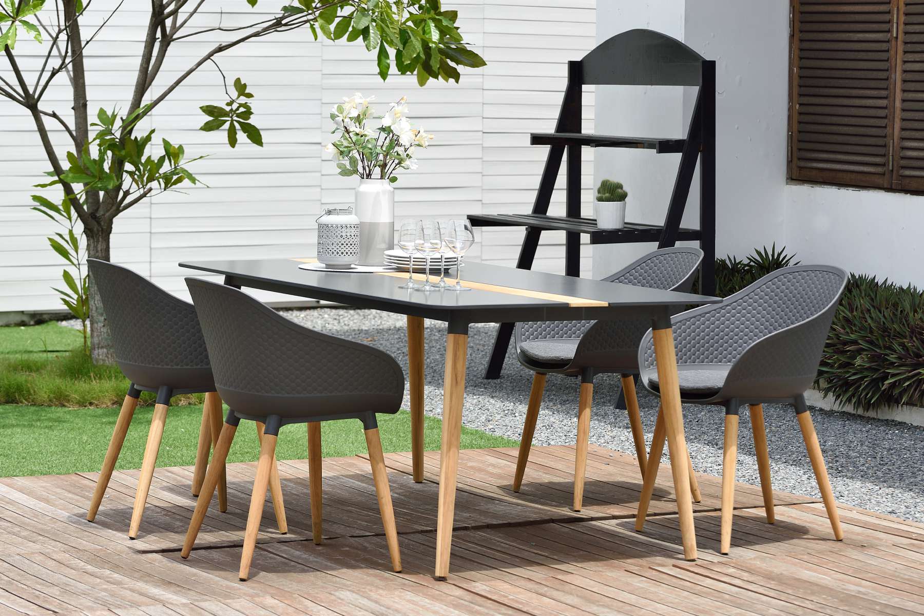 Ipanema 5 piece Outdoor Dining Set with Aluminum Table in Natural Teak Wood By Armen Living