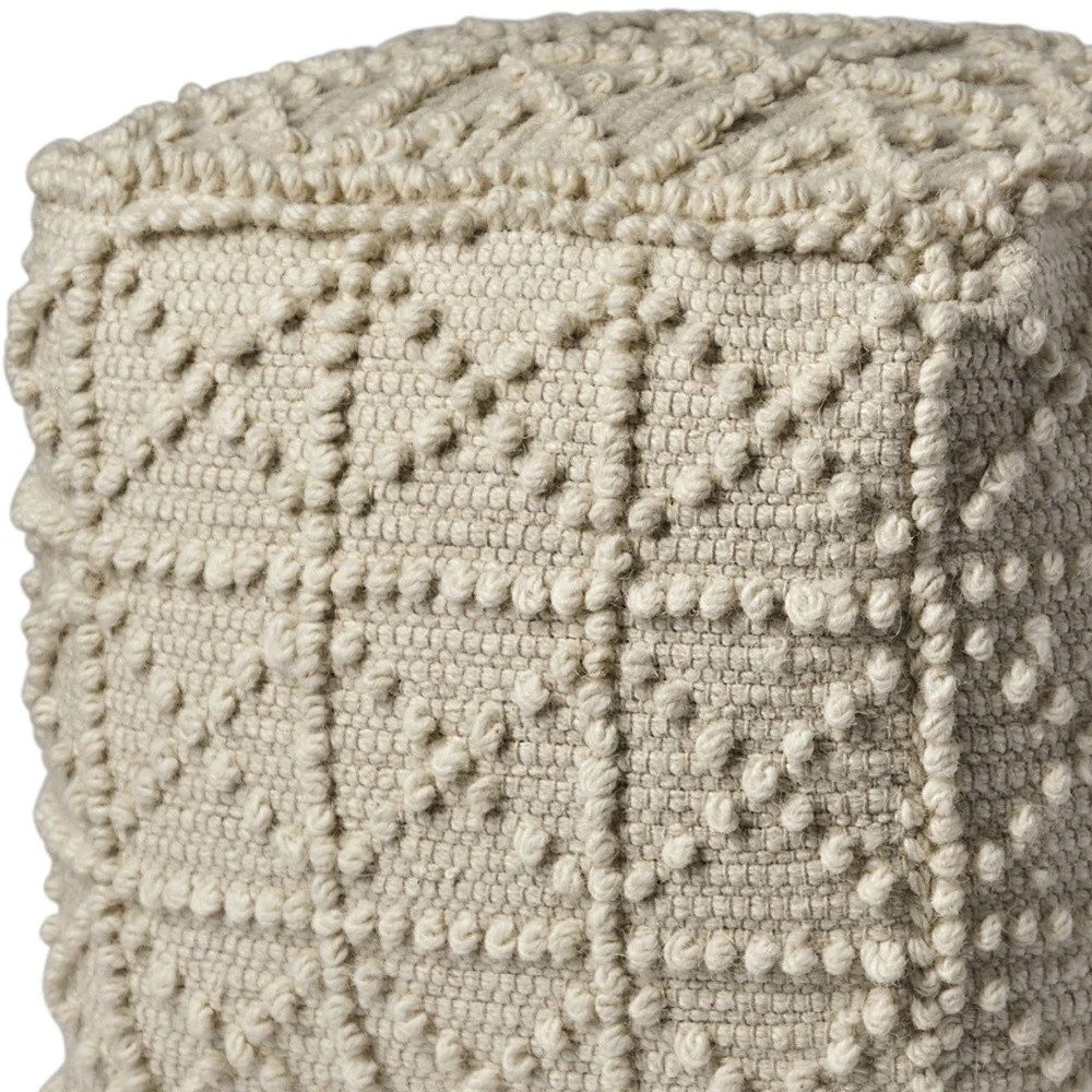 Ivory Wool Geometric Cube Ottoman By Homeroots - Image 4