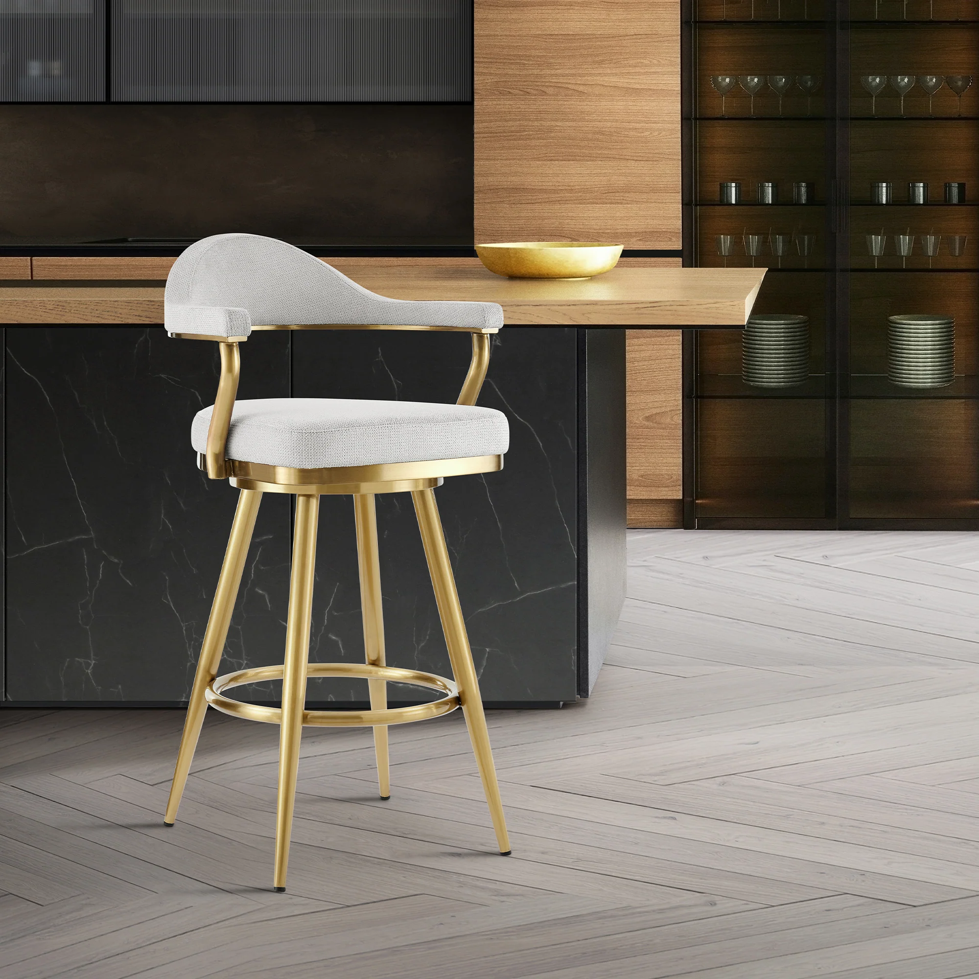 Justin 26" Swivel Counter Stool with Gold Brushed Stainless Steel and Silver Fabric By Armen Living