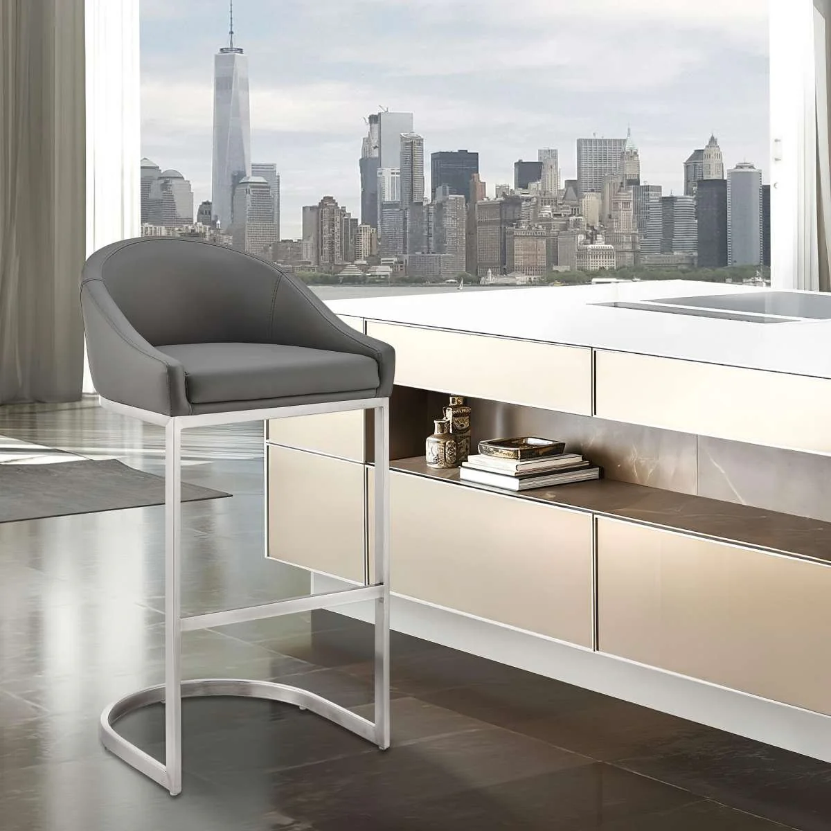 Katherine 26" Counter Stool in Brushed Stainless Steel with White Faux Leather By Armen Living - Image 9